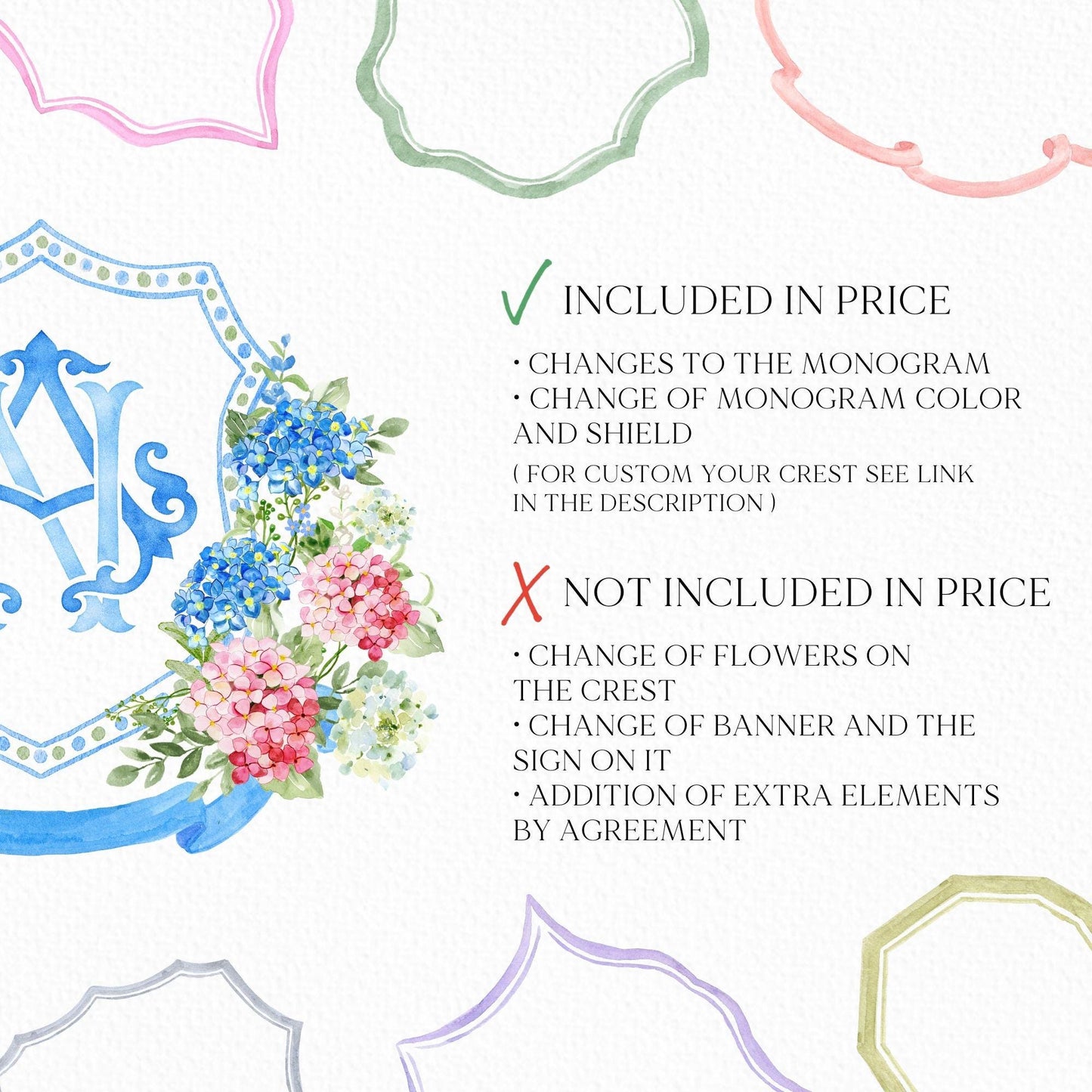 Watercolor Blue Pink Hydrangea Wedding Crest – Hydrangea Floral Monogram (Digital Download)