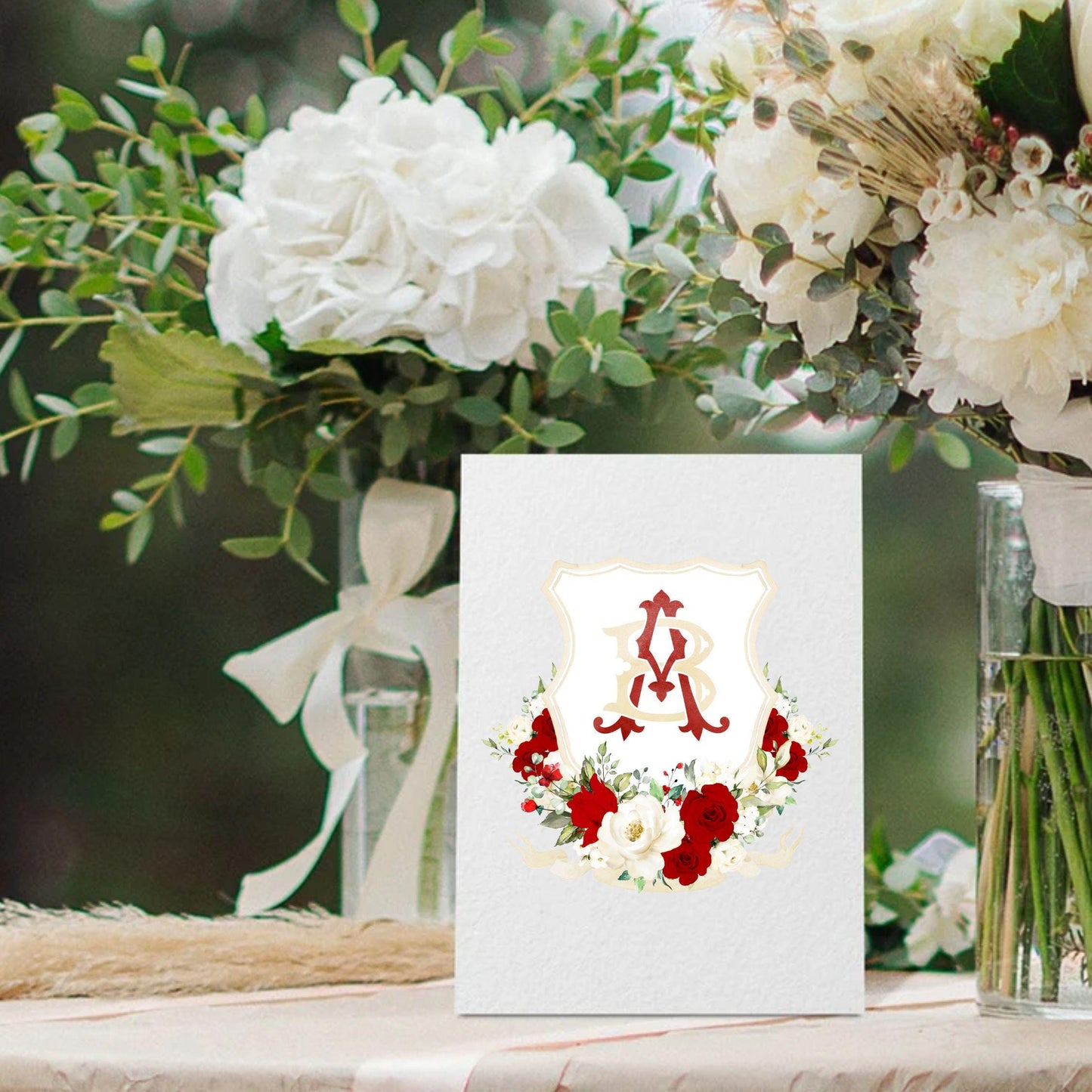ROSIE - Red and White Roses Flower Wedding Crest - Monogram Crest - Floral Luxury Watercolor Wedding Crest - Romantic Wedding Crest