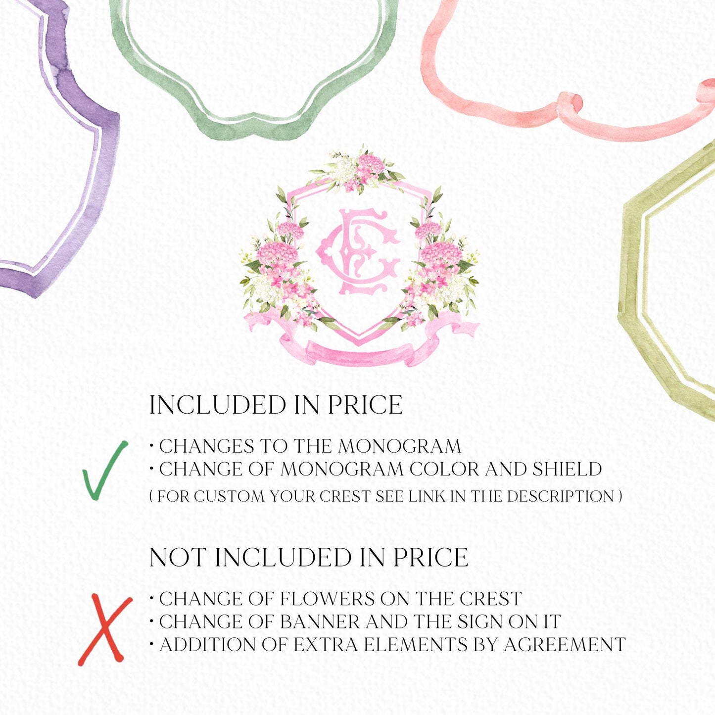 Pink White Hydrangea Flower Wedding Crest - Monogram Crest - Hydrangea Pink Floral Luxury Watercolor Wedding Crest - Romantic Wedding Crest