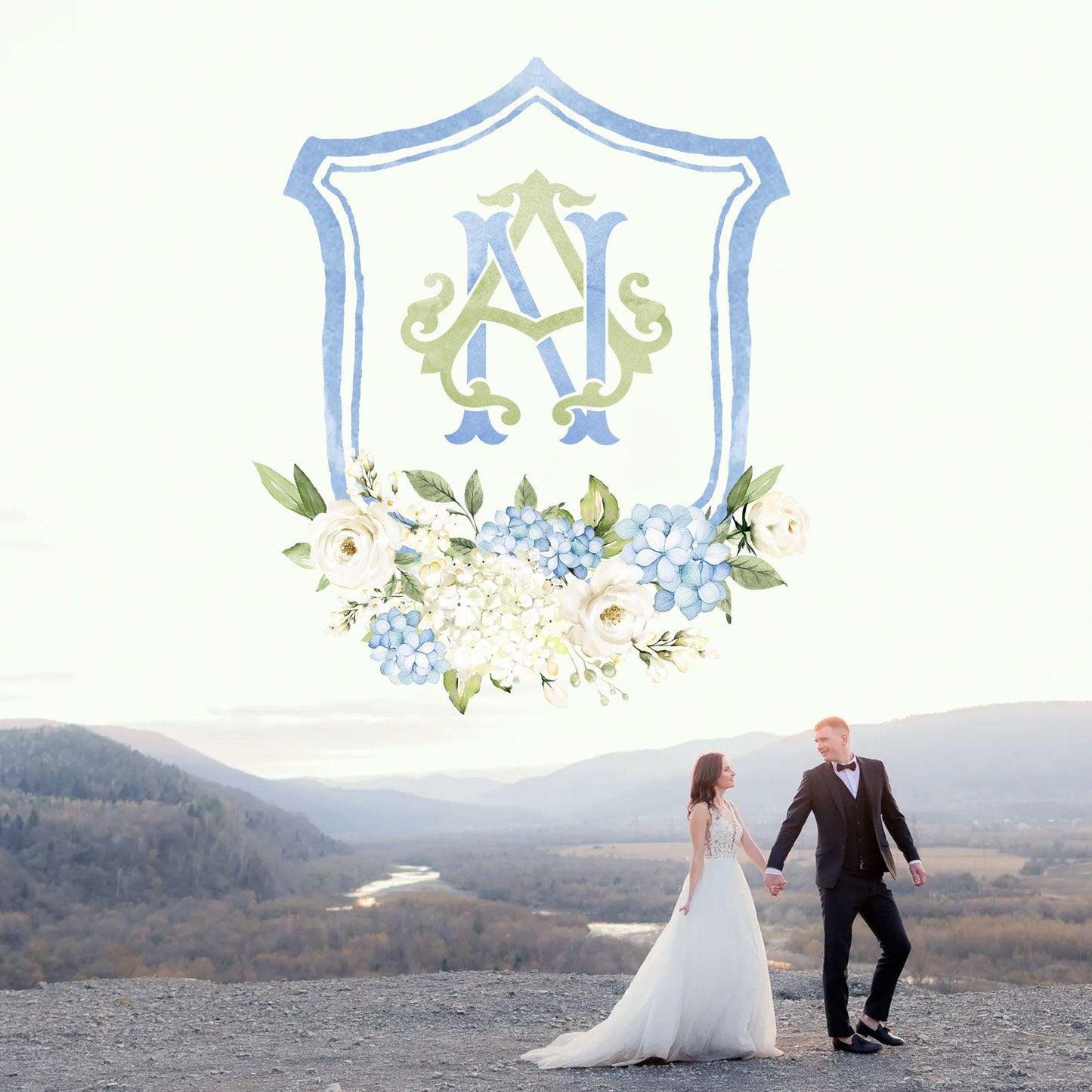 Dusty Blue Hydrangea Flower Wedding Crest - Monogram Crest - Hydrangea Floral Luxury Watercolor Wedding Crest - Romantic Wedding Crest