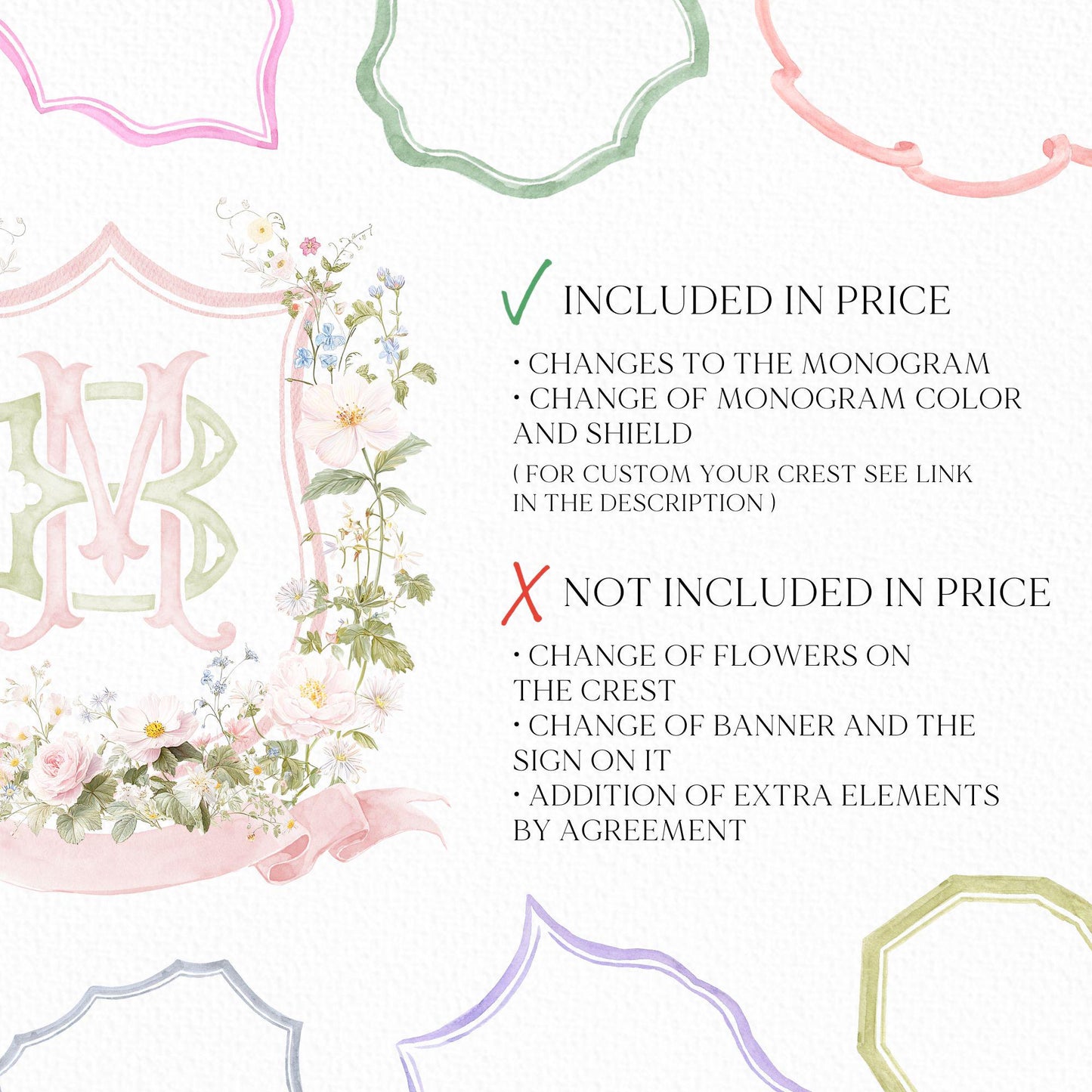 Pastel Wildflowers Light Pink Watercolor Wedding Crest - Monogram Crest - Floral Watercolor Wedding Crest - Romantic Wedding Crest