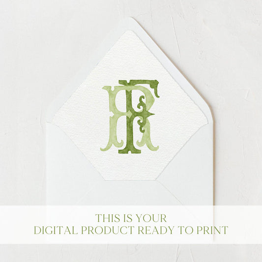 Watercolor Wedding Monogram – Classic FR Initial Crest (Digital Download)