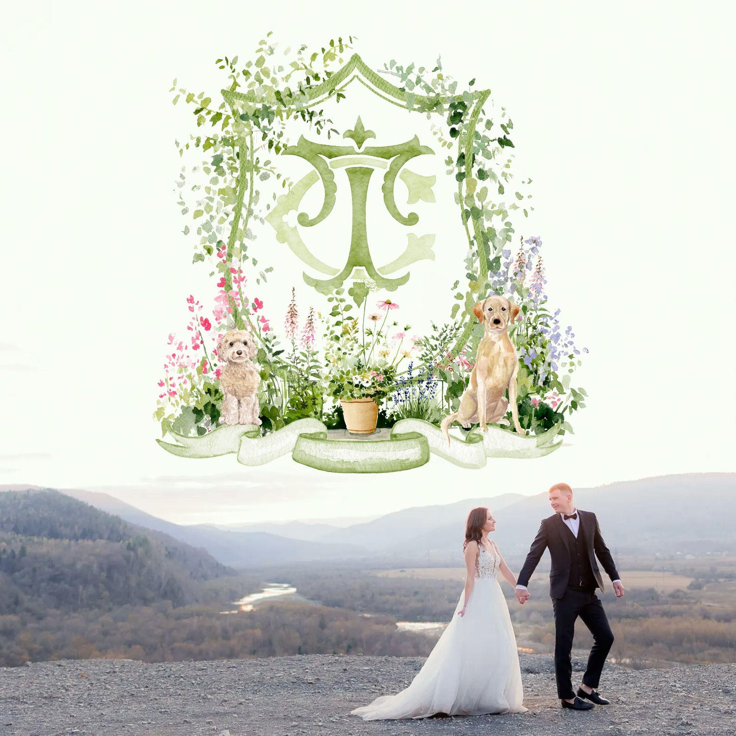 Romantic Garden Flower Wedding Crest - Monogram Crest - Watercolor Colorful Spring Floral Watercolor Wedding Crest - Romantic Wedding Crest
