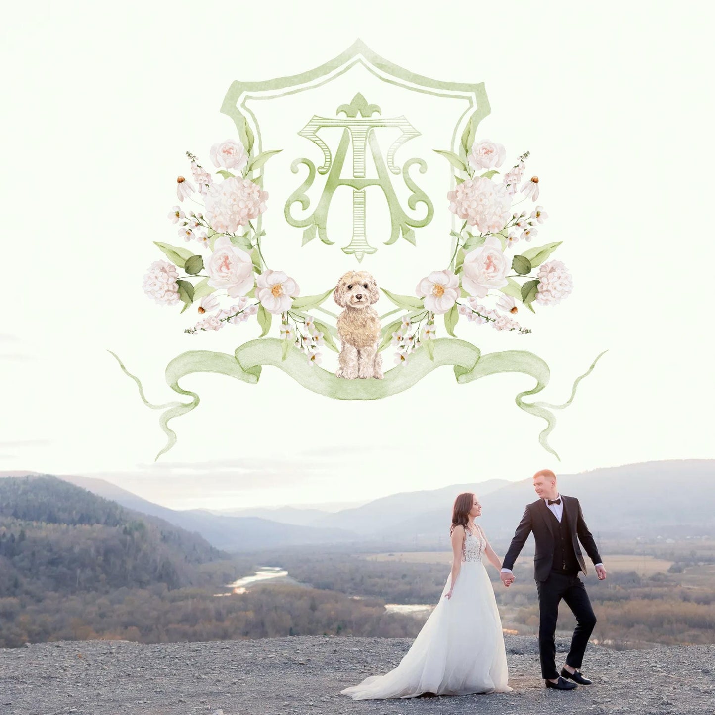 Hydrangea White Flower Wedding Crest - Monogram Crest - White Hydrangea Floral Luxury Watercolor Wedding Crest - Romantic Wedding Crest