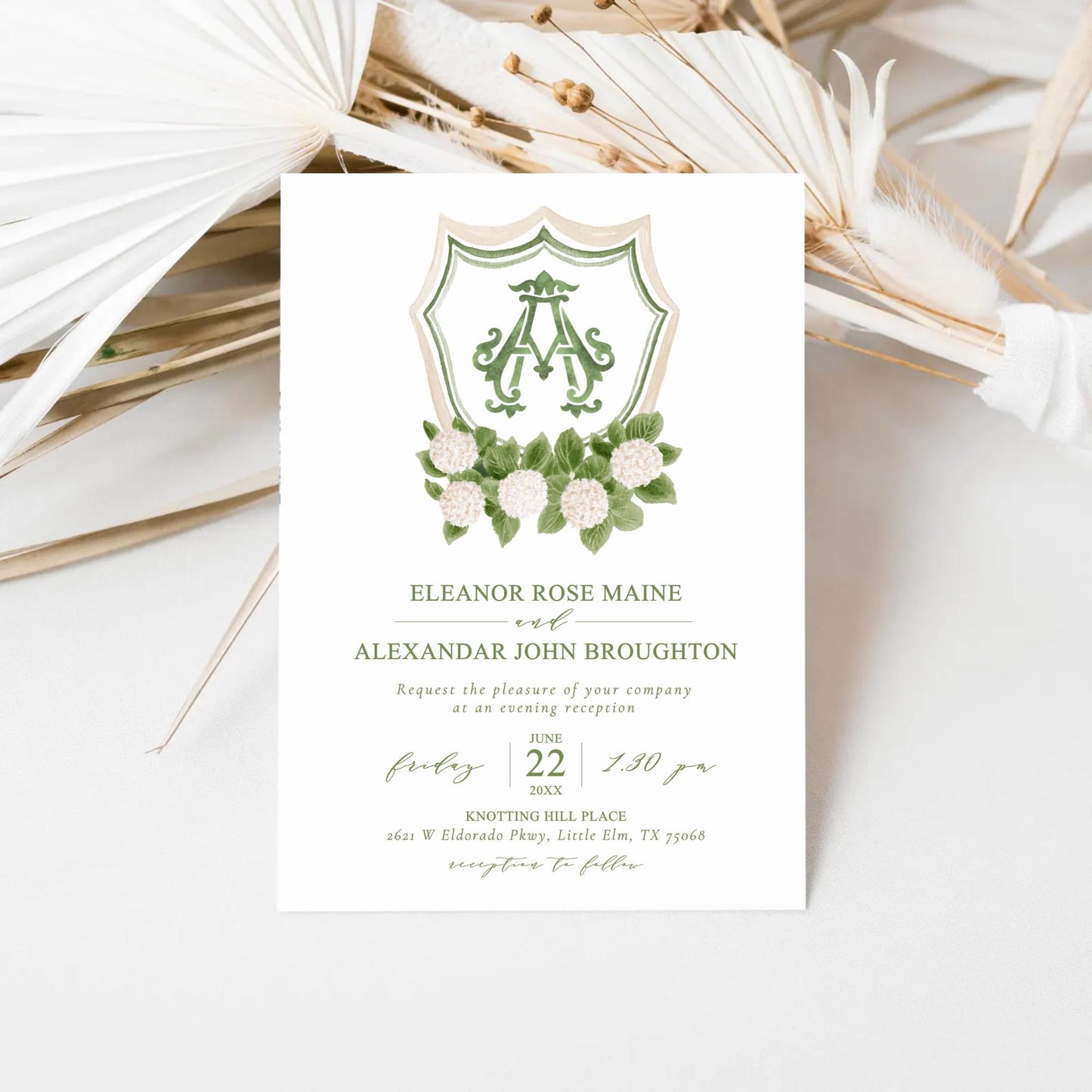 Hydrangea White Flower Wedding Crest - Monogram Crest - White Hydrangea Floral Luxury Watercolor Wedding Crest - Romantic Wedding Crest