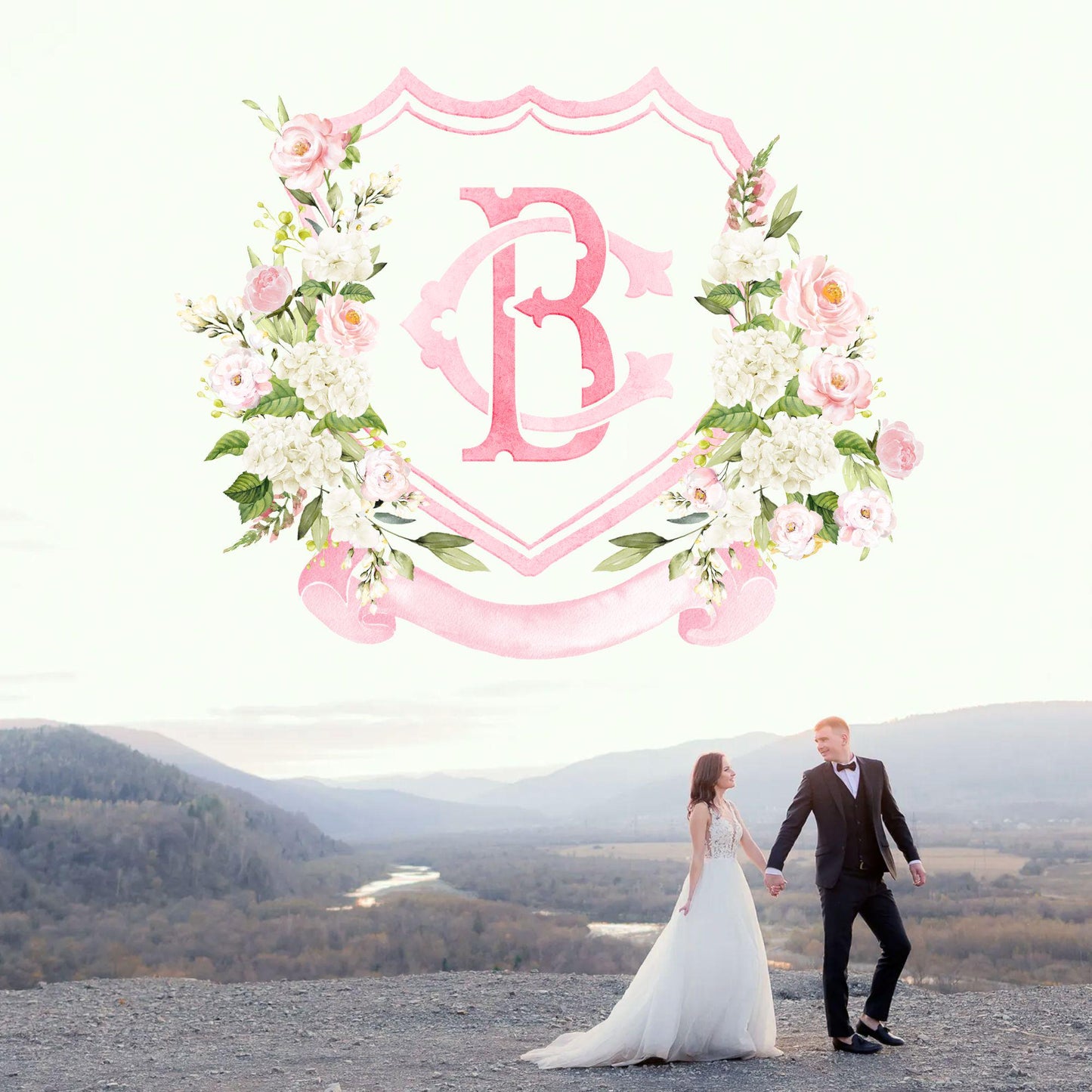 White Hydrangea Blush Pink Rose Flower Wedding Crest - Monogram Crest - Hydrangea Floral Luxury Watercolor Wedding Crest