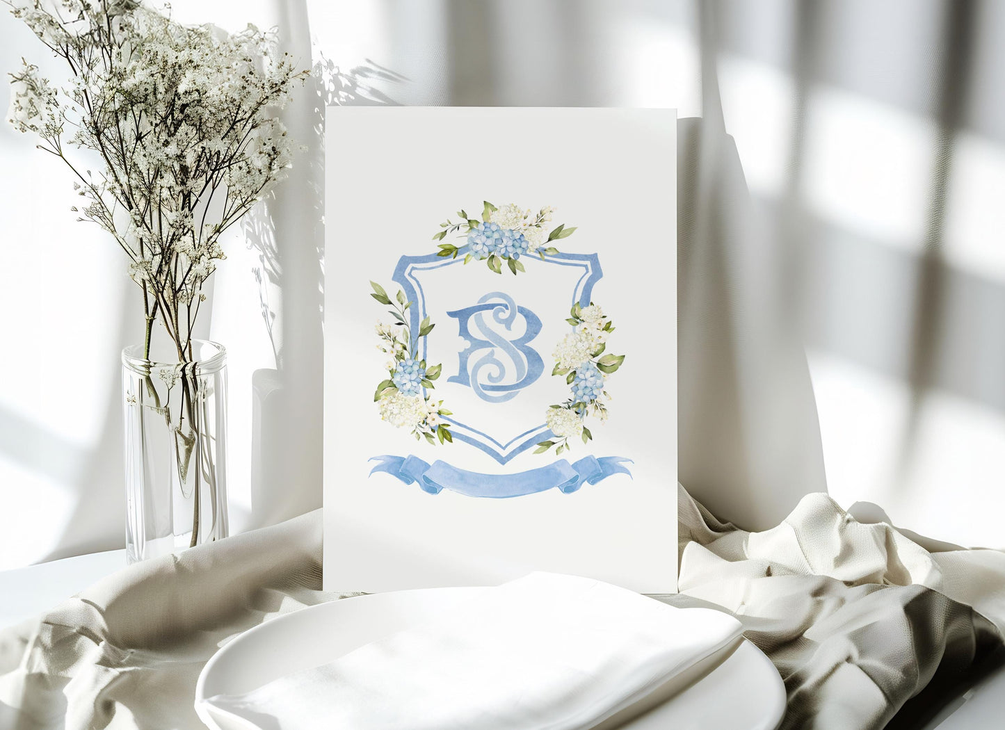 White Blue Hydrangea Flower Wedding Crest - Monogram Crest - Hydrangea Floral Watercolor Wedding Crest - Romantic Wedding Crest - Hydrangea