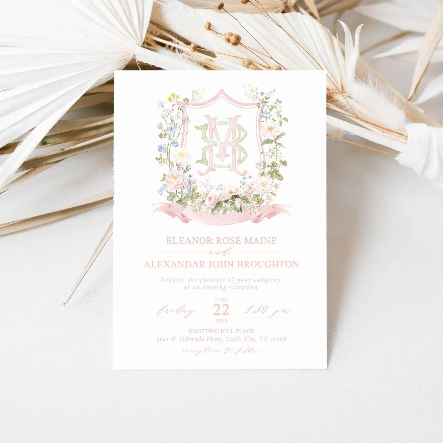 Pastel Wildflowers Light Pink Watercolor Wedding Crest - Monogram Crest - Floral Watercolor Wedding Crest - Romantic Wedding Crest