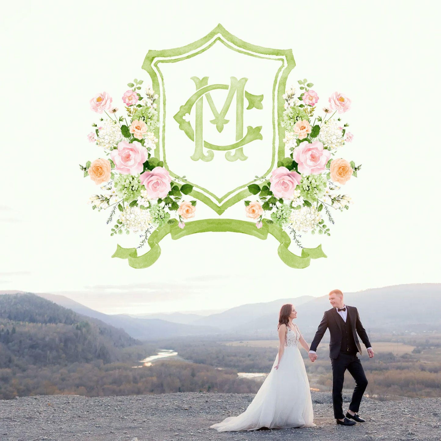 White Roses Blush Pink Rose Flower Wedding Crest - Monogram Crest - Green Hydrangea Floral Luxury Watercolor Wedding Crest
