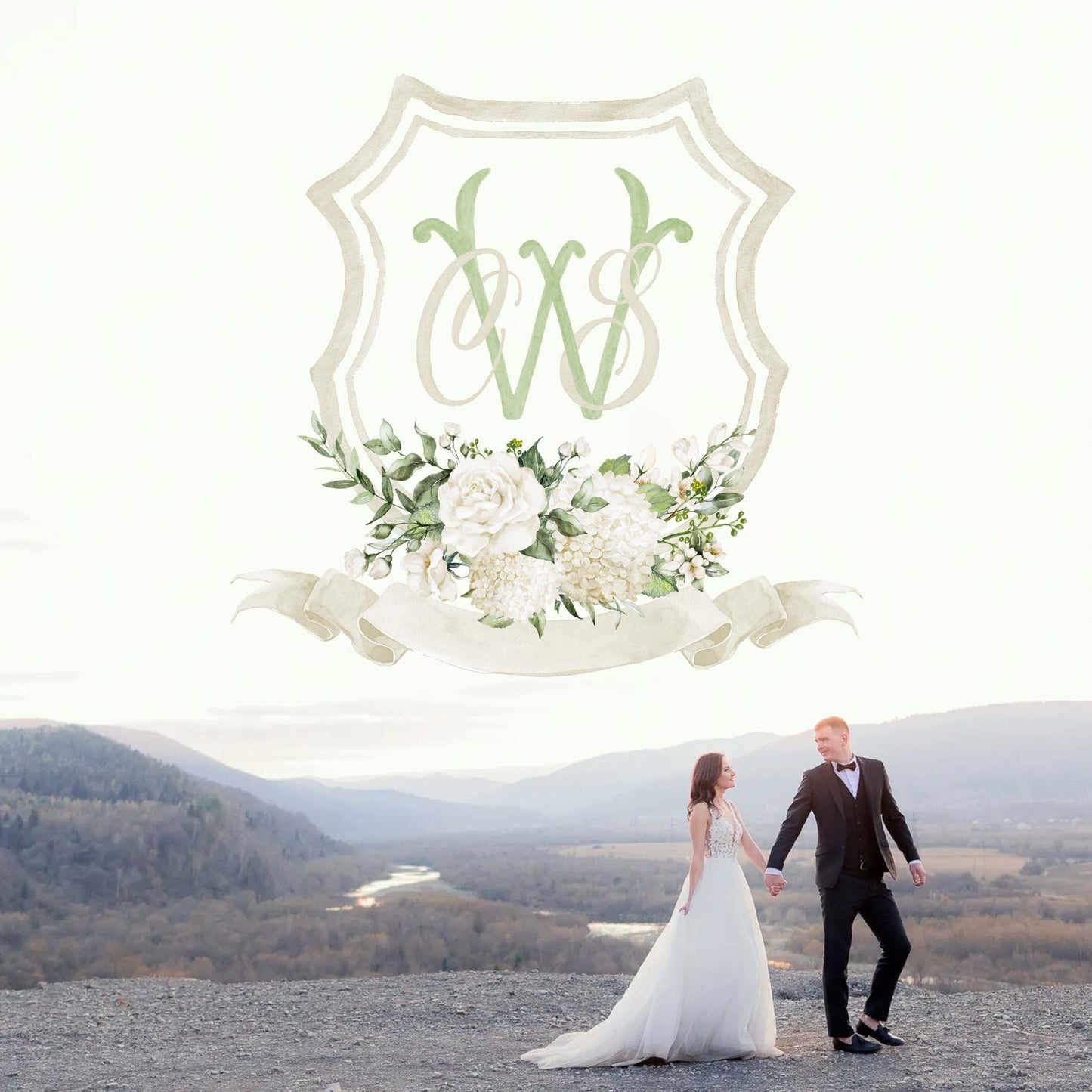 White Hydrangea Roses Flower Wedding Crest - Monogram Crest - Hydrangea Floral Luxury Watercolor Wedding Crest - Romantic Wedding Crest