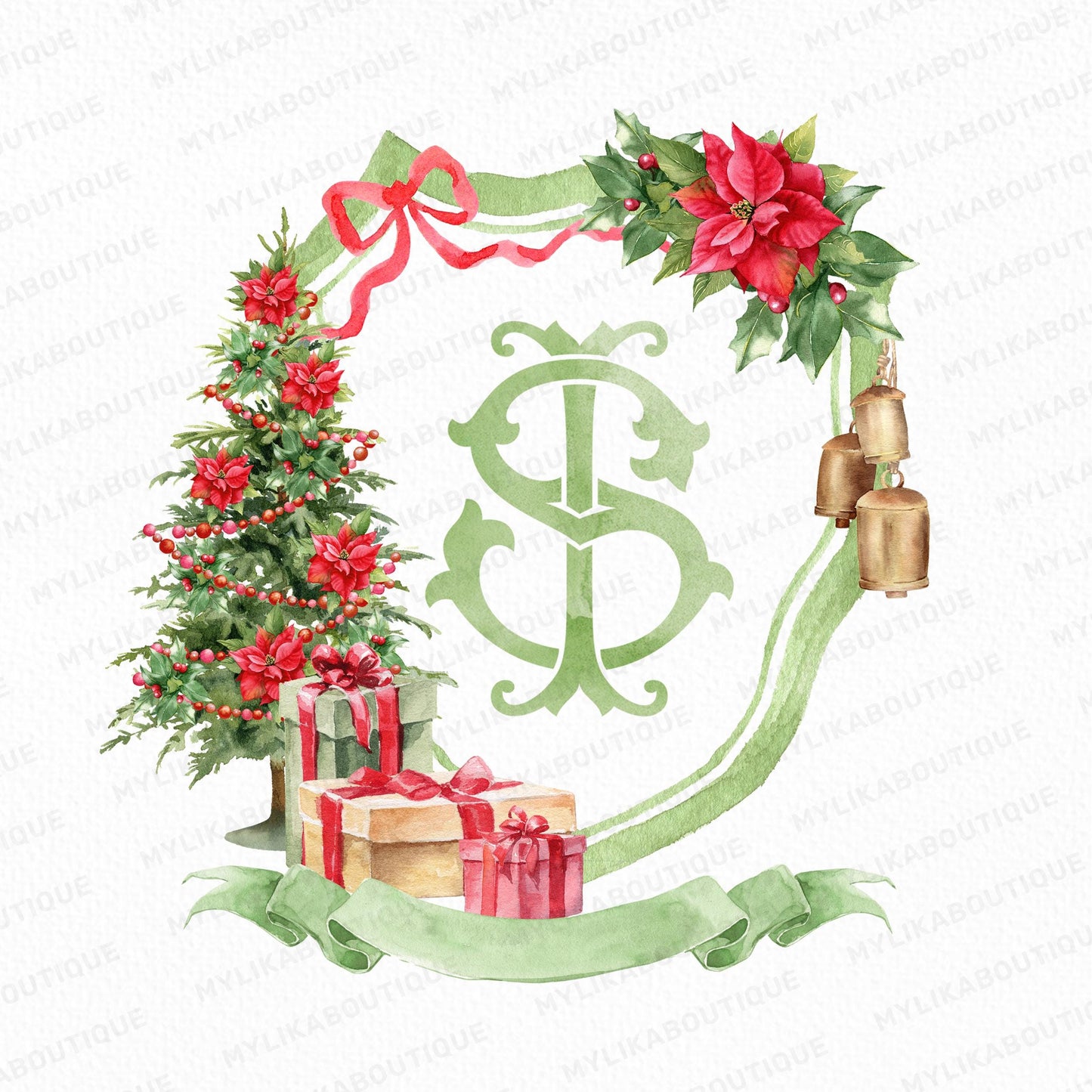 Red Green Christmas Crest - Monogram Crest - Christmas Watercolor Crest DIY - Luxury Watercolor Wedding Crest - Tree Christmas
