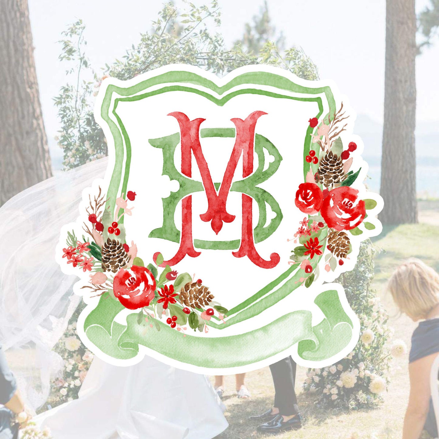Custom Monogram Christmas Wedding Crest - Rose Hips Floral Watercolor - Winter Christmas Watercolors Crests