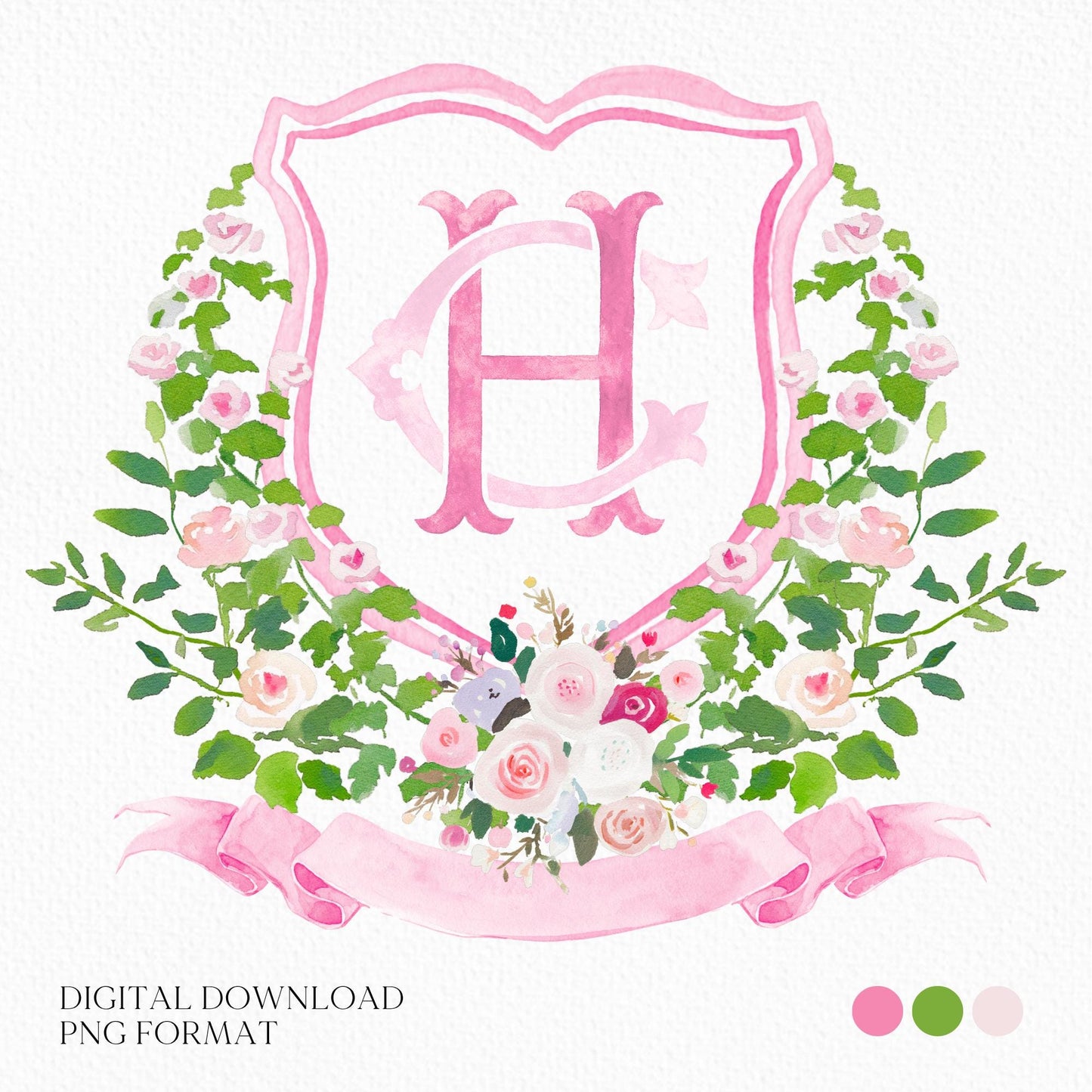Pastel Roses Pink Greenery Flower Wedding Crest - Monogram Crest - Pink Blush Floral Watercolor Wedding Crest - Romantic Wedding Crest