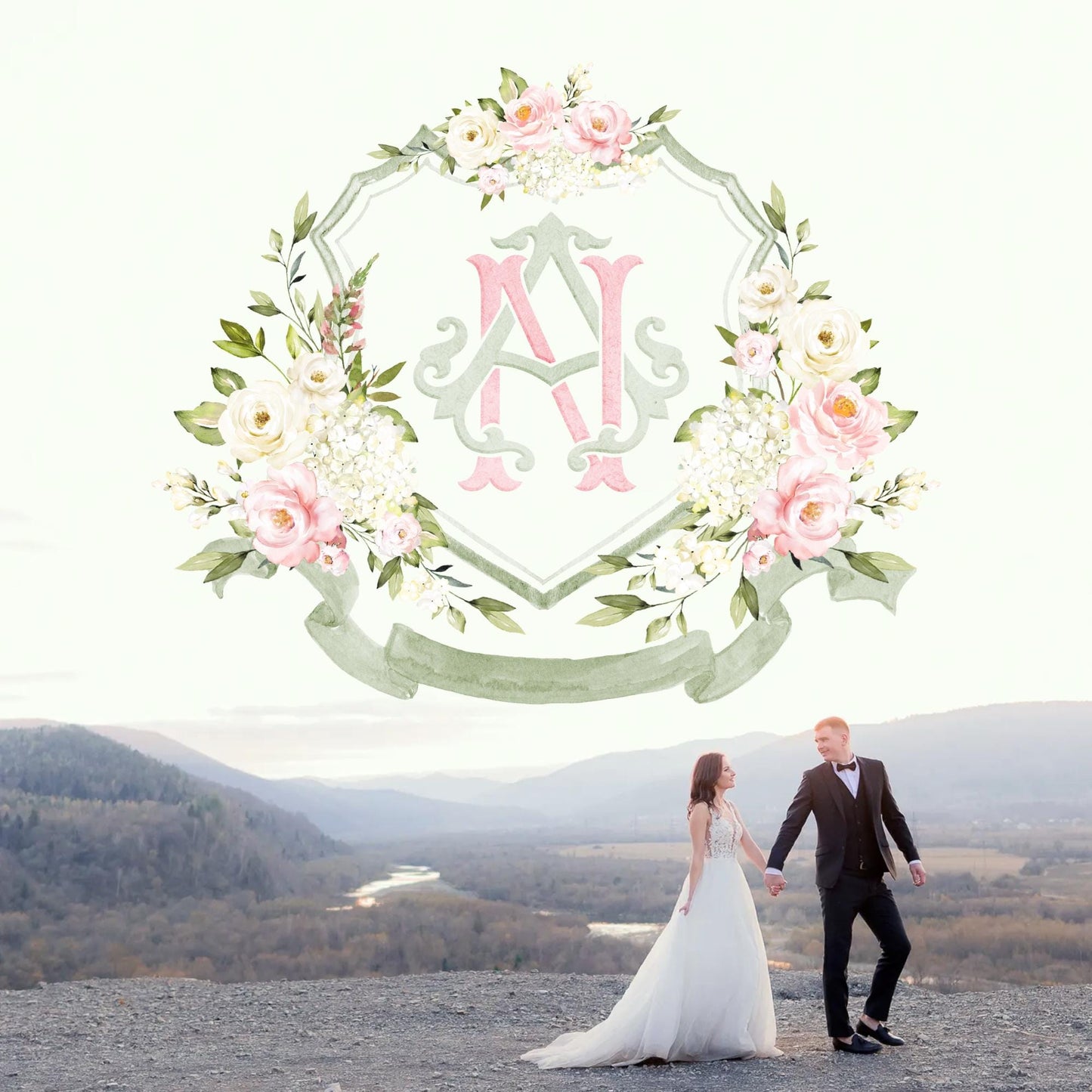 White Roses Hydrangea Flower Wedding Crest - Monogram Crest - Light Roses Floral Luxury Watercolor Wedding Crest - Romantic Wedding Crest
