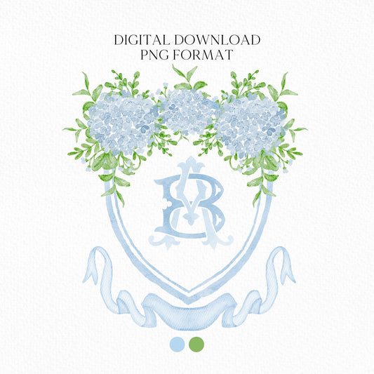 Hydrangea Flower Wedding Crest - Monogram Crest - Hydrangea Floral Luxury Watercolor Wedding Crest - Romantic Wedding Crest- Boho Hydrangea