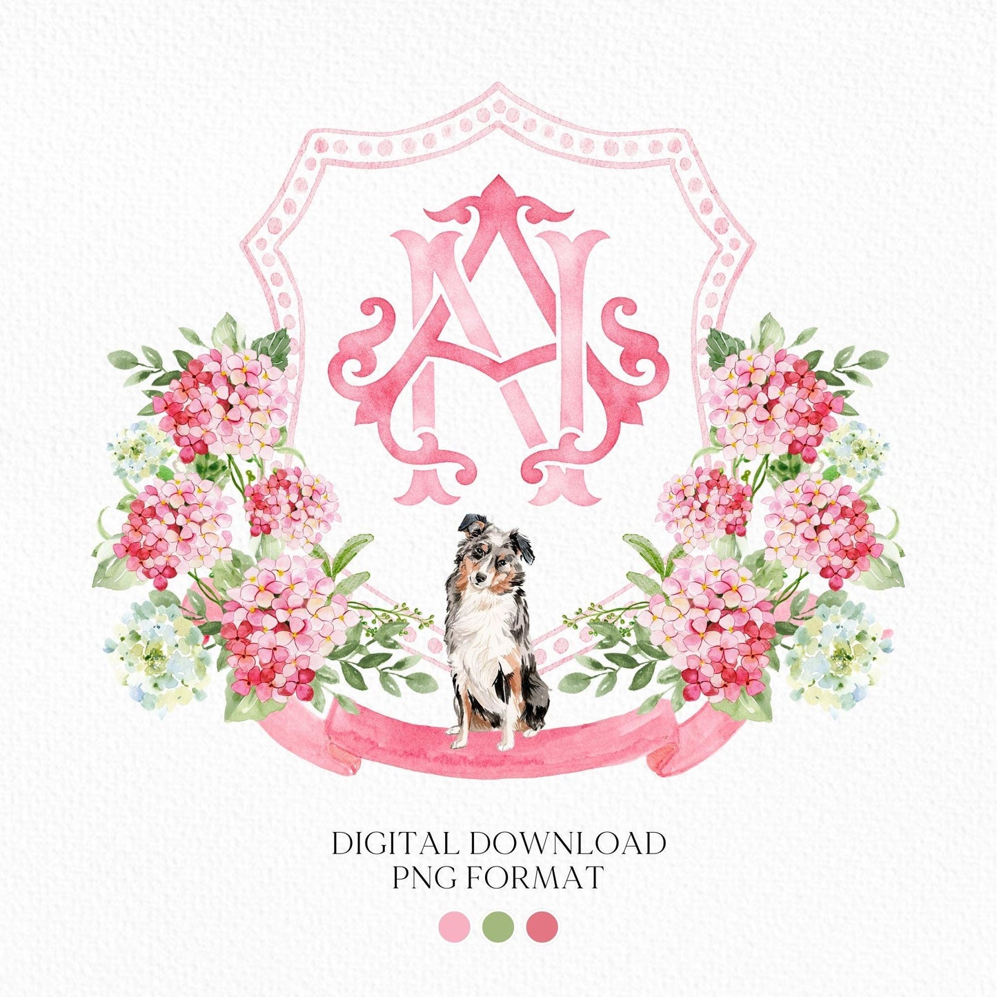 Watercolor Light Pink Hydrangea Wedding Crest – Pink Floral Monogram (Digital Download)