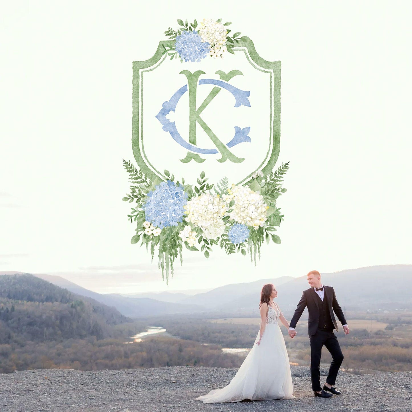 Blue Hydrangea Flower Wedding Crest - Monogram Crest - Hydrangea White Floral Luxury Watercolor Wedding Crest - Romantic Wedding Crest
