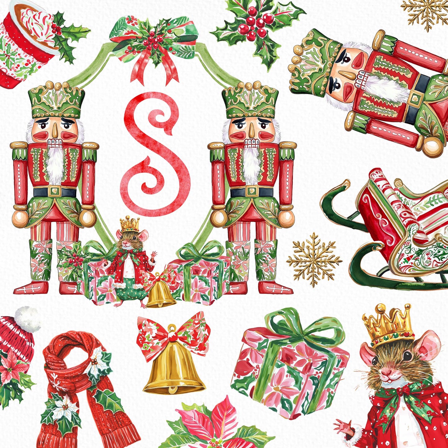 Nutcracker Red Green Christmas Crest - Monogram Crest - Christmas Watercolor Crest DIY - Luxury Watercolor Wedding Crest