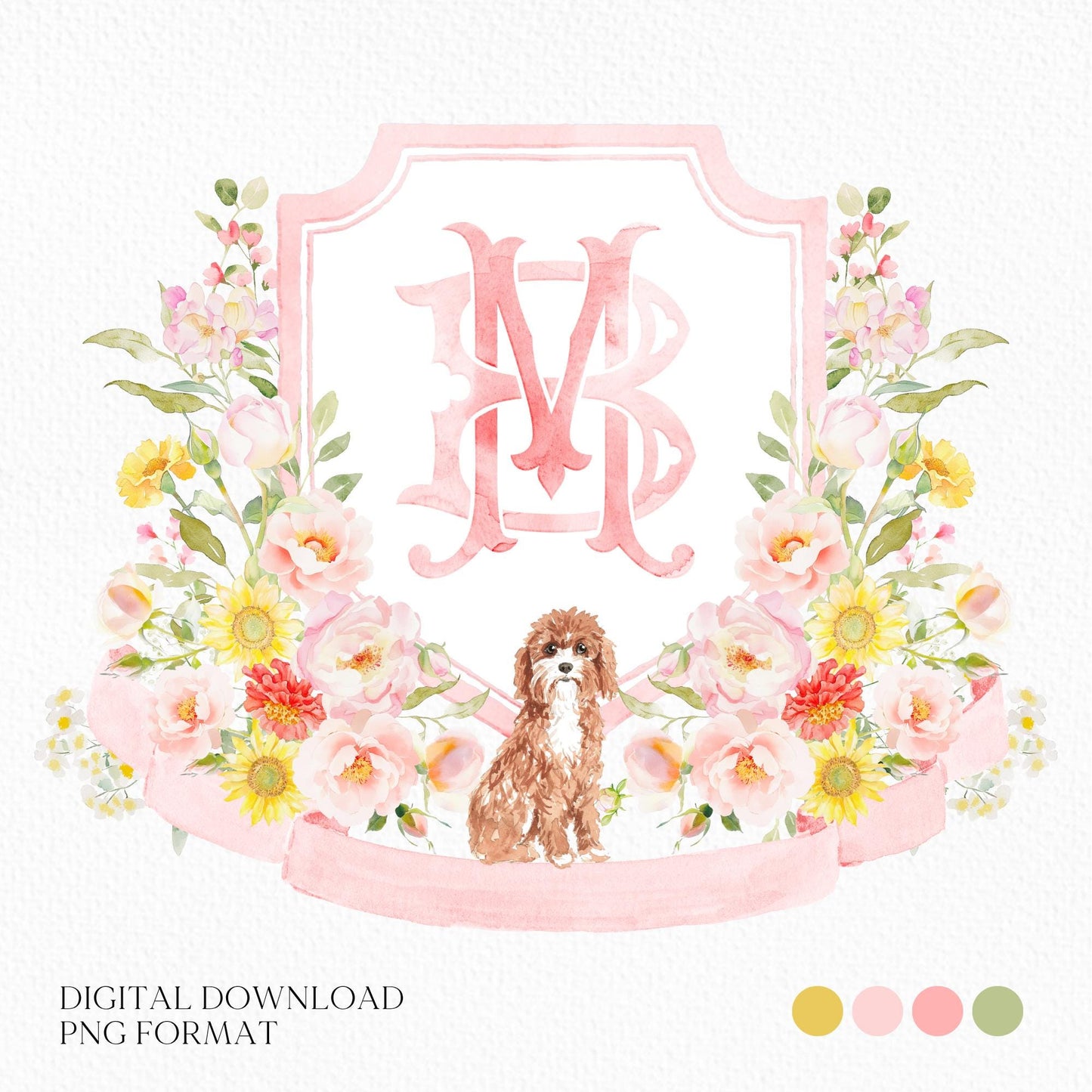 Coquette Flowers Blush Bright Colorful Watercolor Wedding Crest - Monogram Crest - Pastel Roses Floral Sunflower Watercolor Wedding Crest -