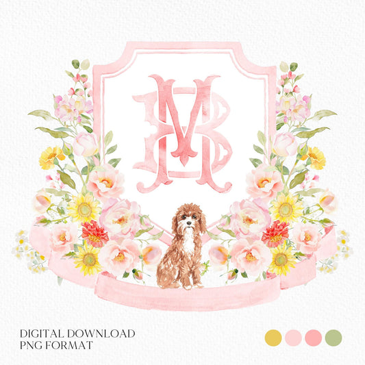 Coquette Flowers Blush Bright Colorful Watercolor Wedding Crest - Monogram Crest - Pastel Roses Floral Sunflower Watercolor Wedding Crest -
