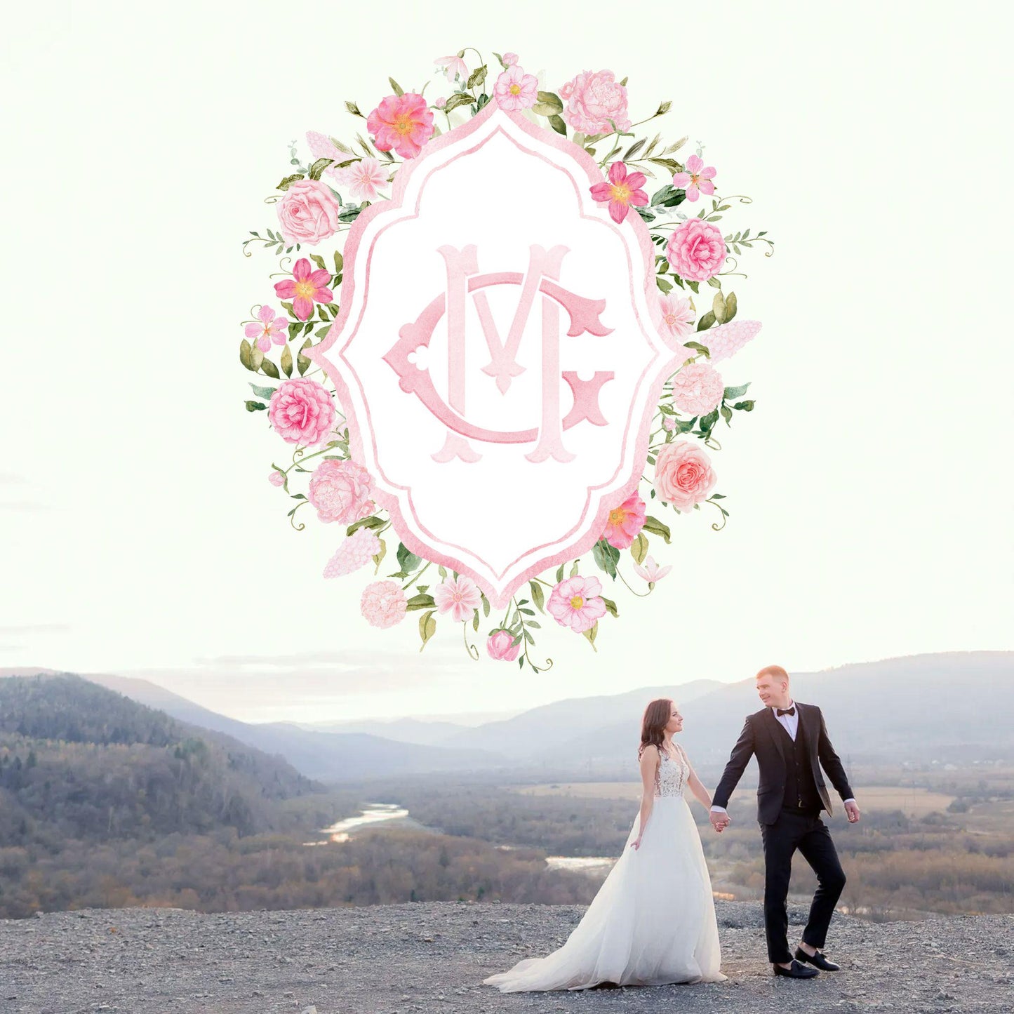 Roses Bouquets Flower Wedding Crest - Monogram Crest - Pink Peony Delicate Summer Floral Watercolor Wedding Crest - Romantic Wedding Crest