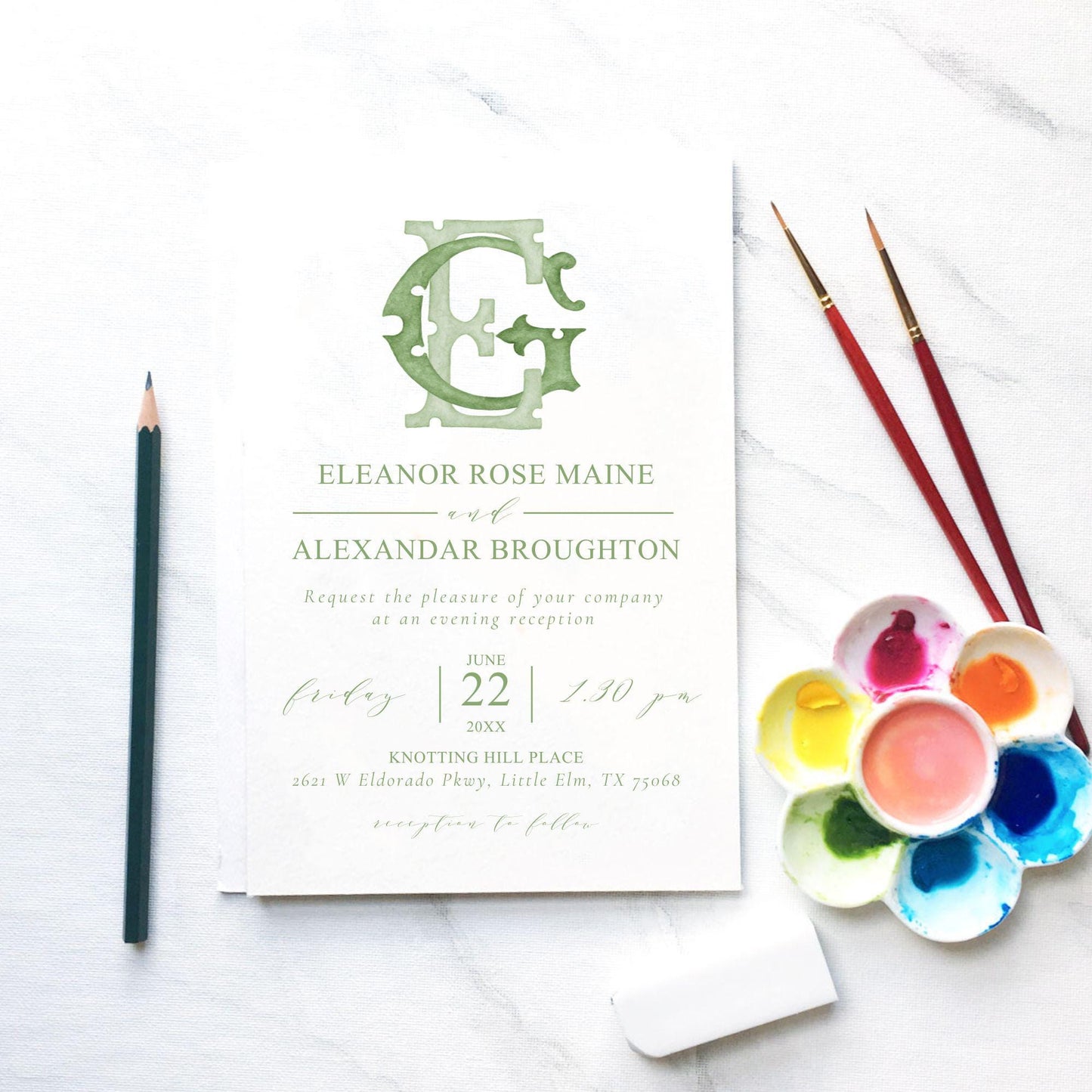 Watercolor Wedding Monogram EG – Classic Letter Crest (Digital Download)