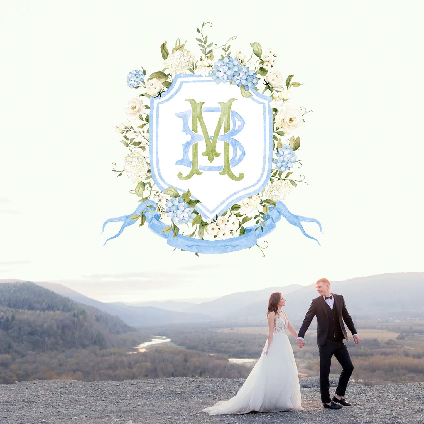 Light Blue Hydrangea Flower Wedding Crest - Monogram Crest - Hydrangea Floral Luxury Watercolor Wedding Crest - Romantic Wedding Crest