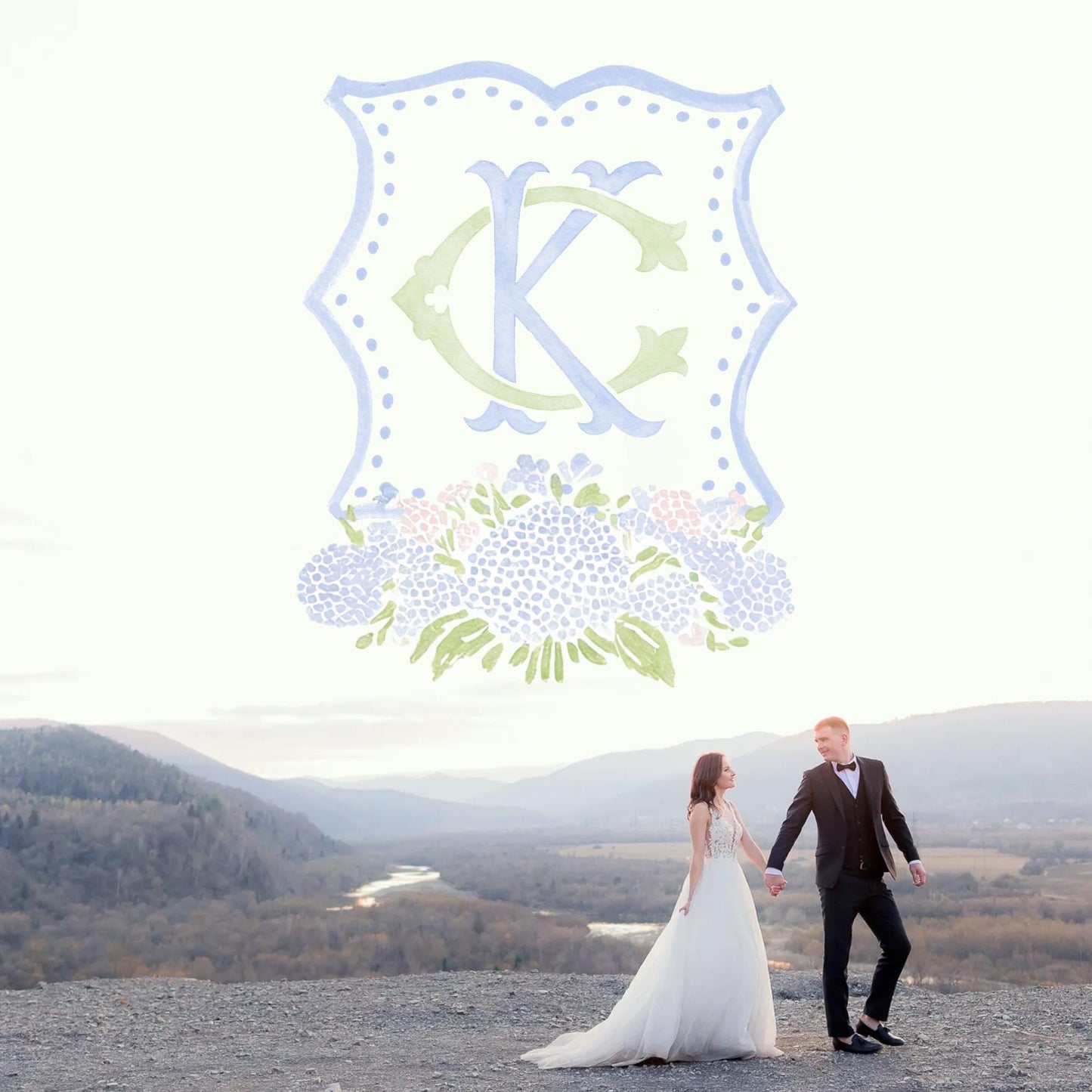 Pink Light Blue Hydrangea Flower Wedding Crest - Monogram Crest - Blue Hydrangea Floral Watercolor Wedding Crest - Romantic Wedding Crest