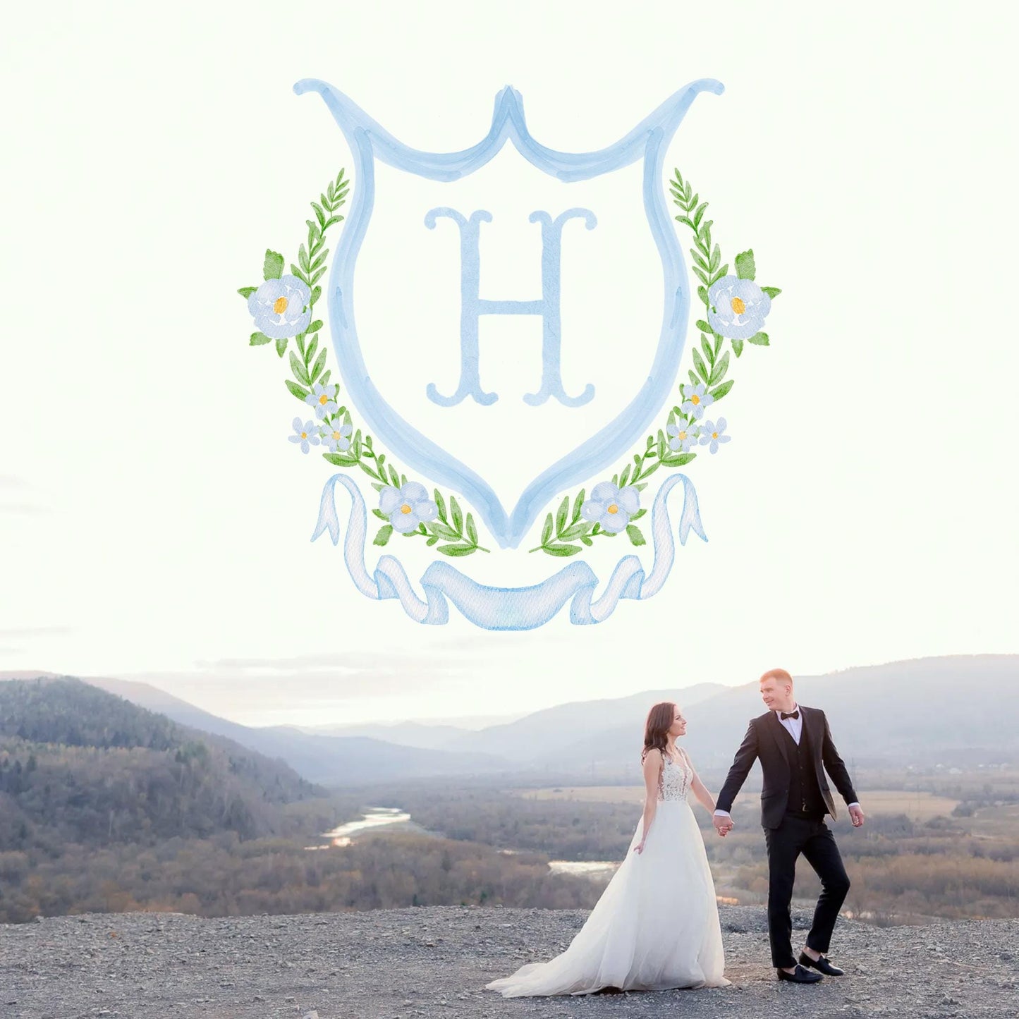 Watercolor Eucalyptus Light Blue Roses Flower Wedding Crest - Monogram Crest -  Luxury Watercolor Wedding Crest - Romantic Wedding Crest