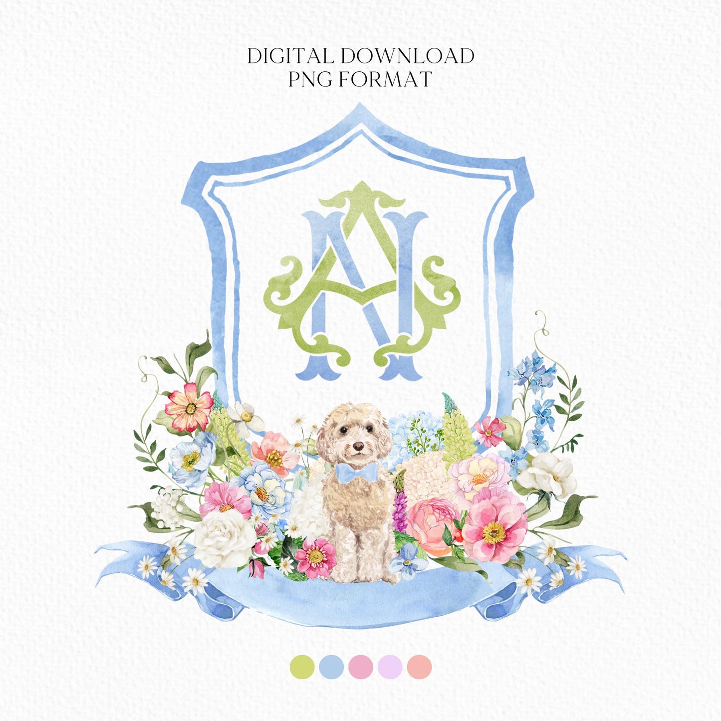 Wildflowers Bright Floral Hydrangea Watercolor Wedding Crest - Monogram Crest - Floral Watercolor Wedding Crest - Romantic Wedding Crest