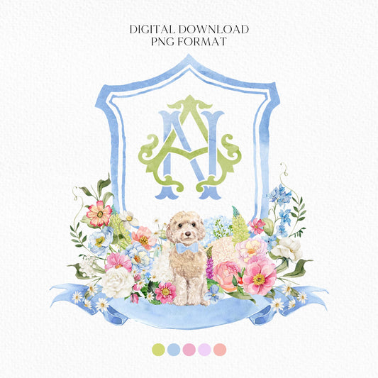 Wildflowers Bright Floral Hydrangea Watercolor Wedding Crest - Monogram Crest - Floral Watercolor Wedding Crest - Romantic Wedding Crest
