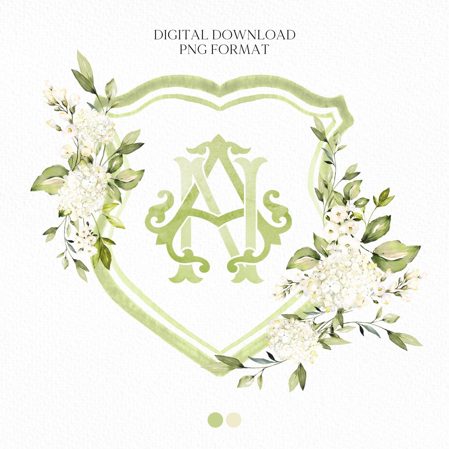 White Hydrangea Flower Greenery Wedding Crest - Monogram Crest - Hydrangea Floral Luxury Watercolor Wedding Crest - Romantic Wedding Crest
