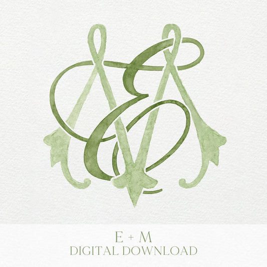 Watercolor Wedding Monogram EM – Classic Letter Crest (Digital Download)