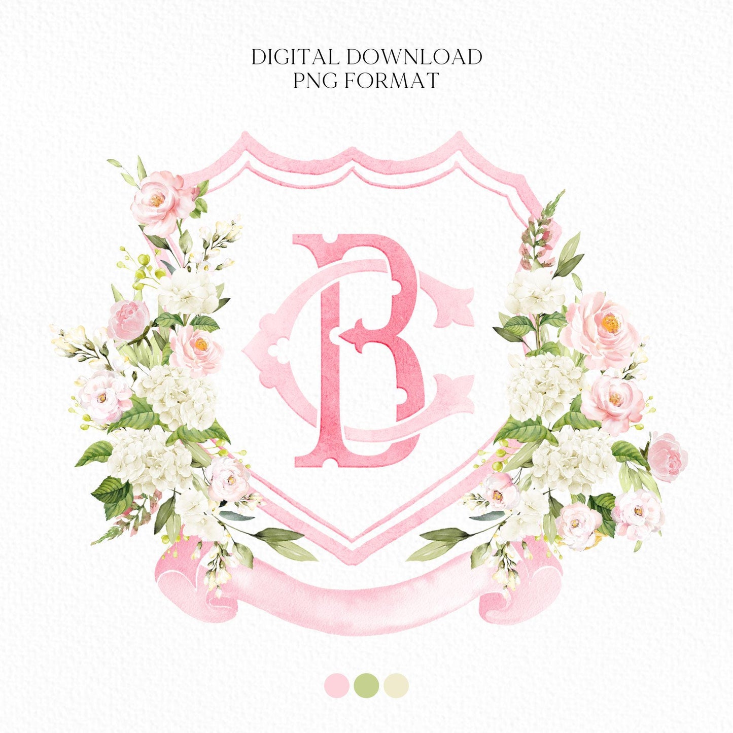 White Hydrangea Blush Pink Rose Flower Wedding Crest - Monogram Crest - Hydrangea Floral Luxury Watercolor Wedding Crest