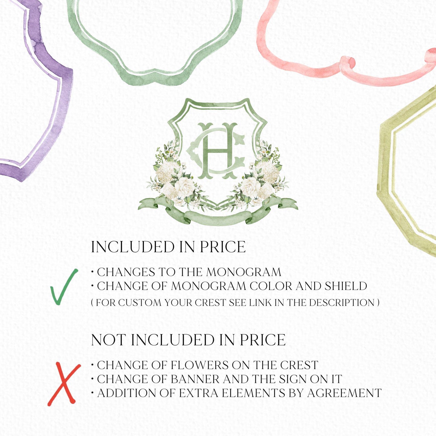 Hydrangea White Rose Greenery Flower Wedding Crest - Monogram Crest - Hydrangea White Floral Watercolor Wedding Crest Romantic Wedding Crest