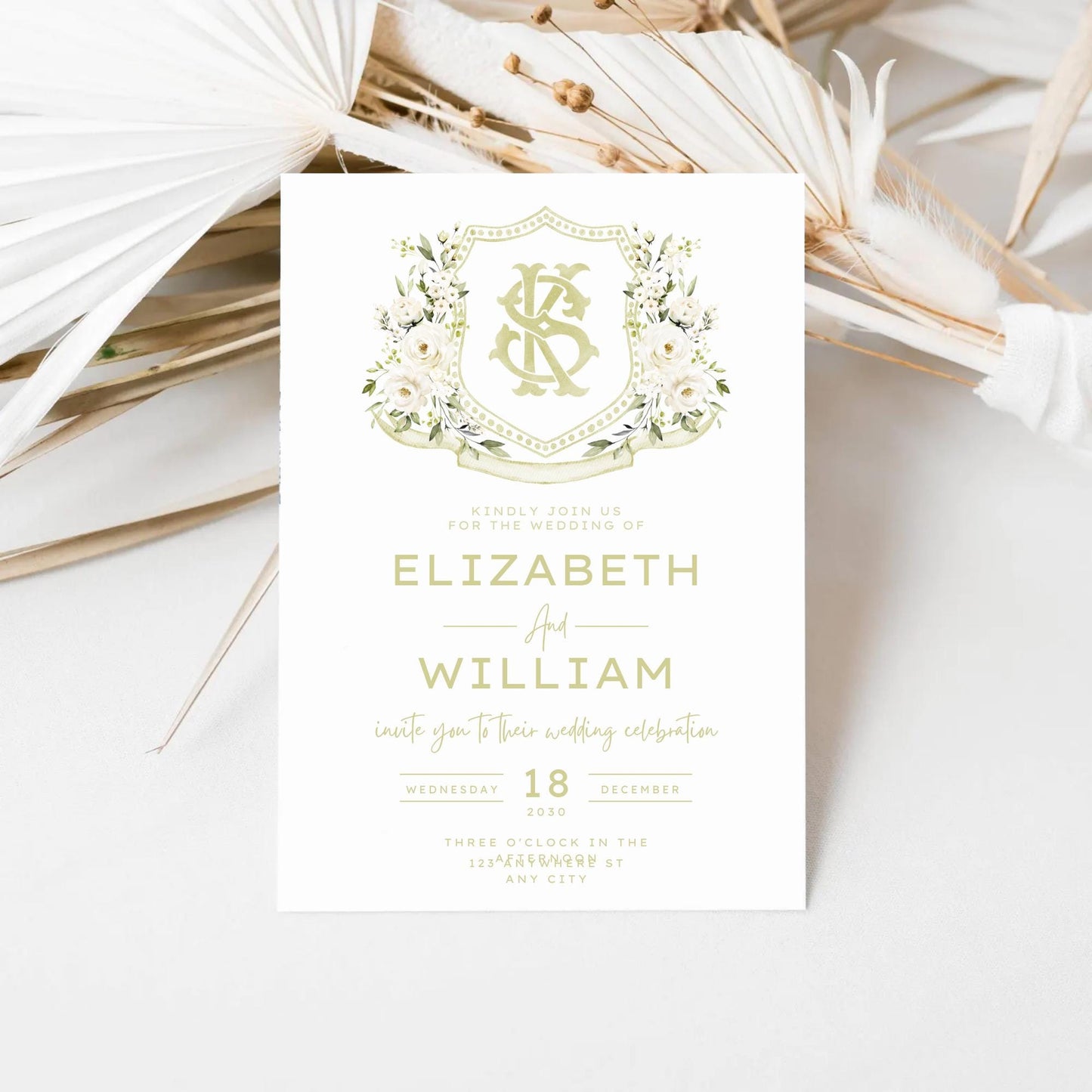 Creamy Rose Ivory Greenery White Flower Wedding Crest - Monogram Crest - White Floral Watercolor Wedding Crest - Romantic Wedding Crest