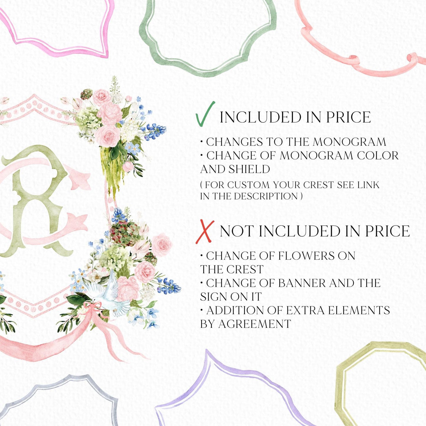 Green Hydrangea Flower Wedding Crest - Monogram Crest - Light Roses Greenery Floral Watercolor Wedding Crest - Australian Wedding Crest