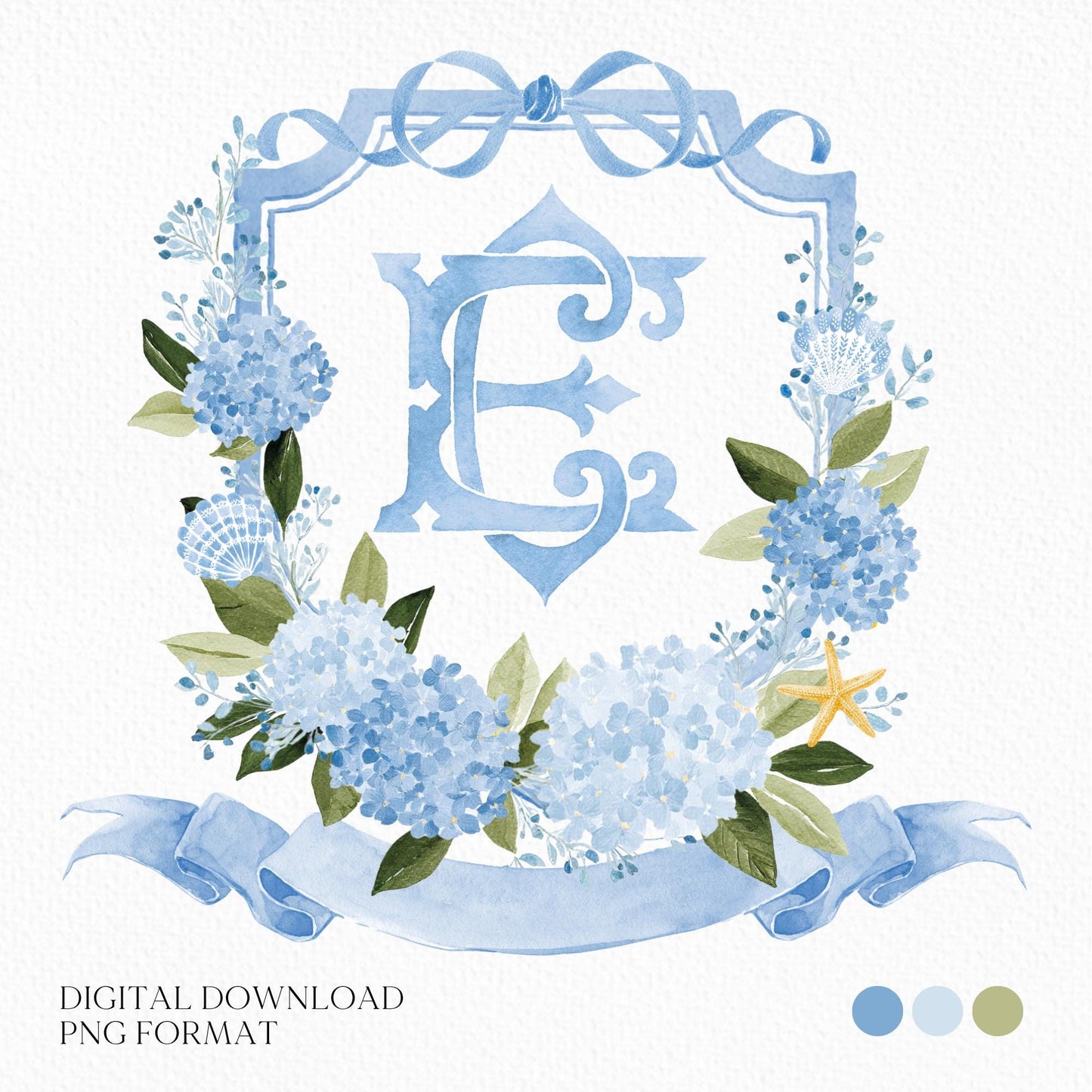 Watercolor Blue Hydrangea Flower Wedding Crest - Monogram Crest - Hydrangea Floral Luxury Watercolor Wedding Crest - Romantic Wedding Crest
