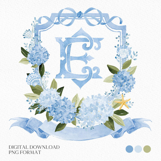 Watercolor Blue Hydrangea Flower Wedding Crest - Monogram Crest - Hydrangea Floral Luxury Watercolor Wedding Crest - Romantic Wedding Crest