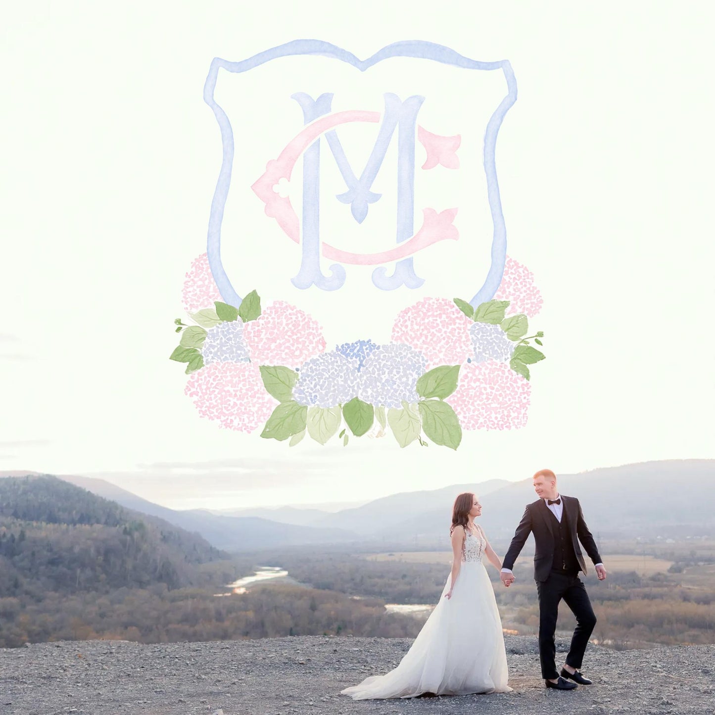 Pink Light Blue Hydrangea Flower Wedding Crest - Monogram Crest - Blue Hydrangea Floral Watercolor Wedding Crest - Romantic Wedding Crest