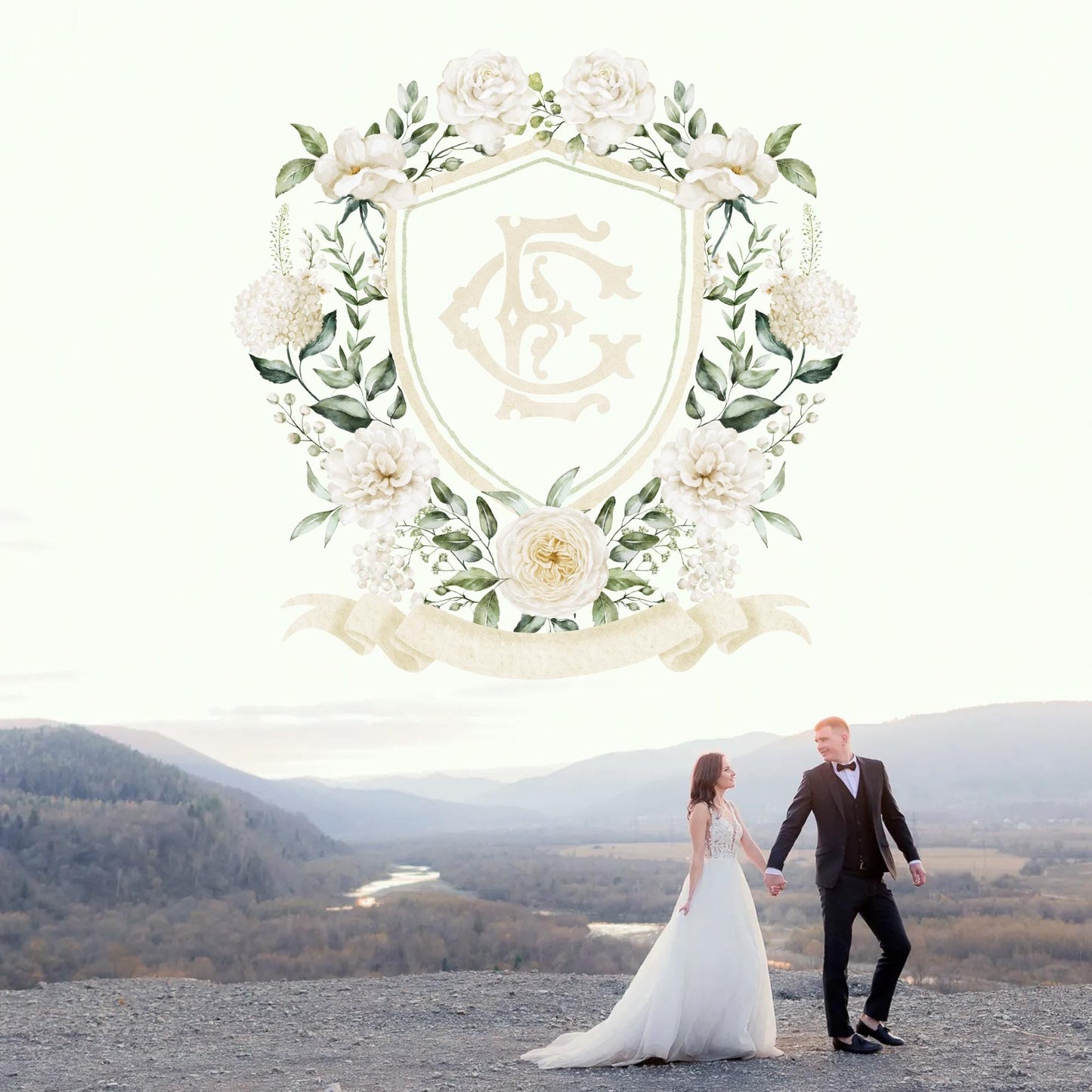 White Rose Greenery Hydrangea Flower Wedding Crest - Monogram Crest - Hydrangea White Floral Watercolor Wedding Crest Romantic Wedding Crest