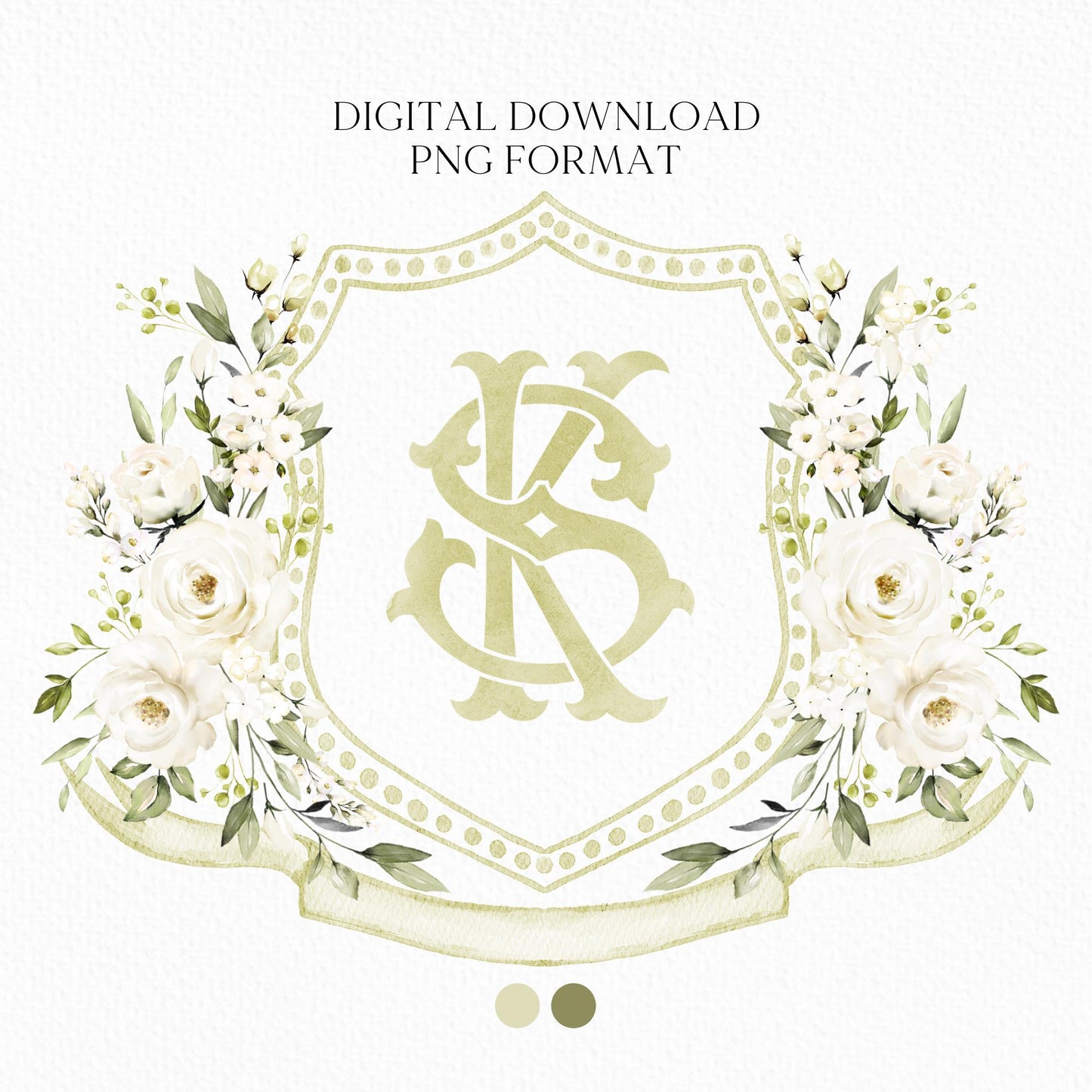 Creamy Rose Ivory Greenery White Flower Wedding Crest - Monogram Crest - White Floral Watercolor Wedding Crest - Romantic Wedding Crest