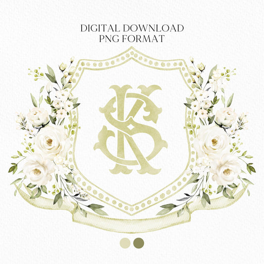 Creamy Rose Ivory Greenery White Flower Wedding Crest - Monogram Crest - White Floral Watercolor Wedding Crest - Romantic Wedding Crest