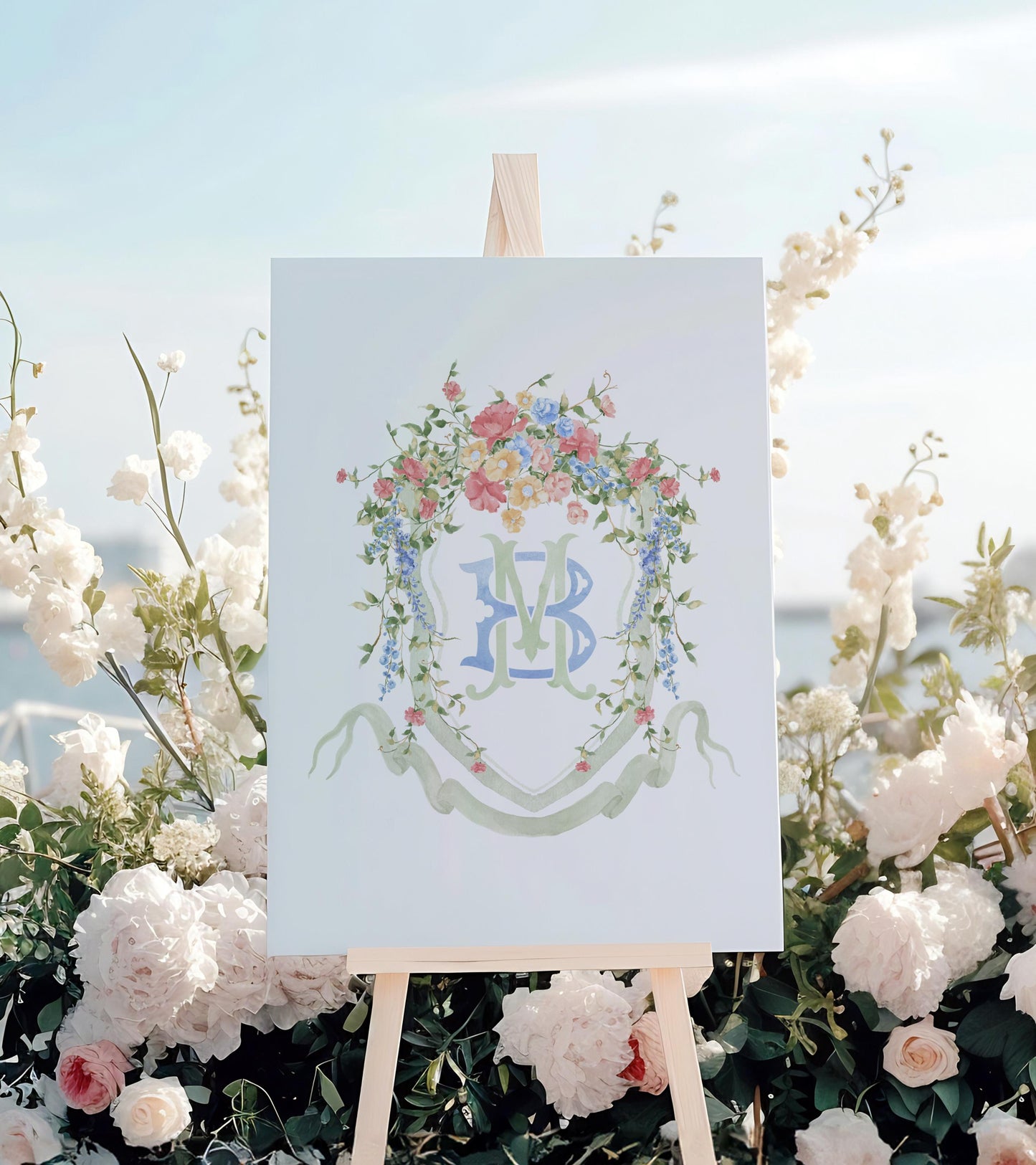 Wildflowers Pink Flower Garden Flowers Wedding Crest - Monogram Crest - Floral Luxury Watercolor Wedding Crest - Romantic Wedding Crest