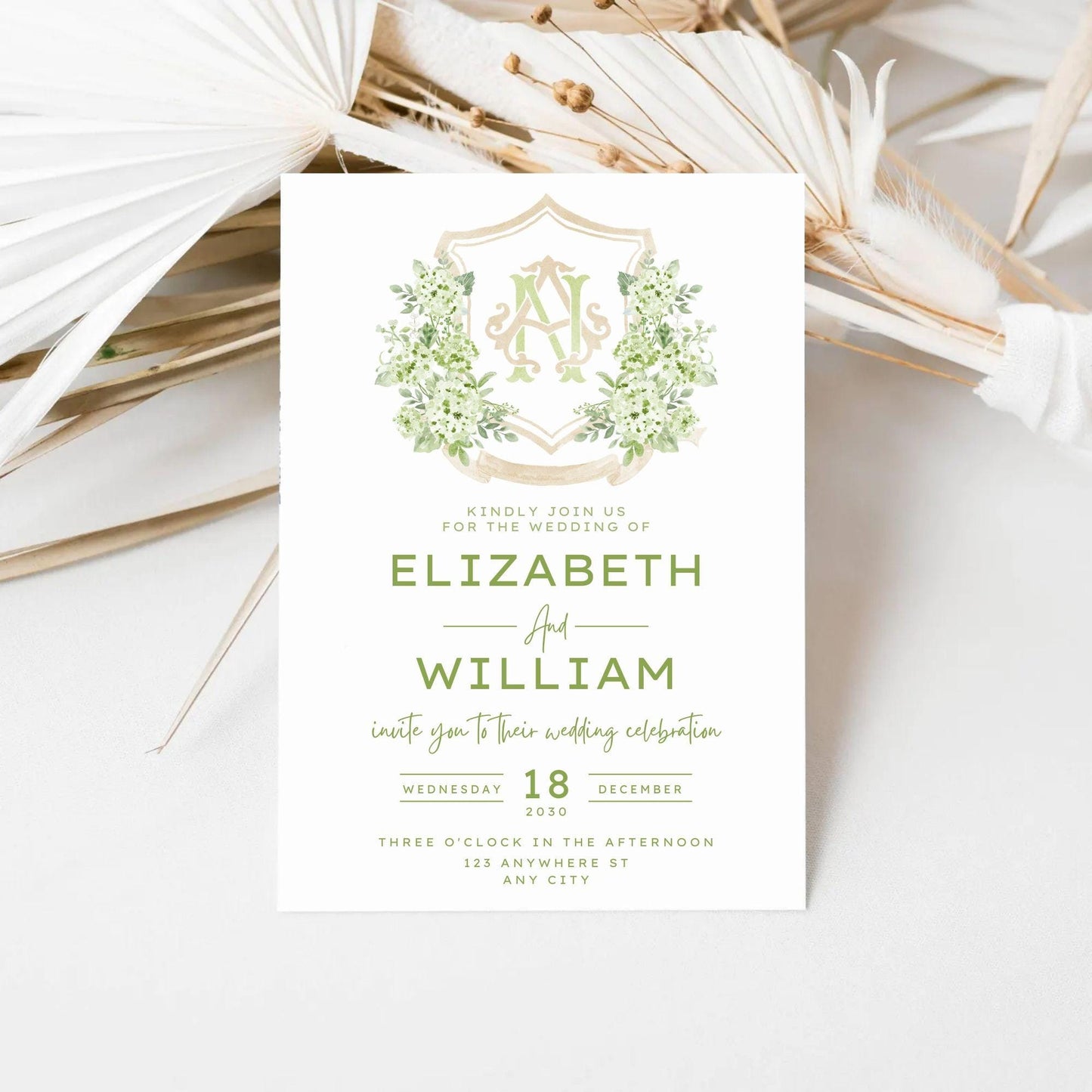 Hydrangea Green Cream WildFlower Wedding Crest - Monogram Crest - Hydrangea Floral Luxury Watercolor Wedding Crest - Romantic Wedding Crest