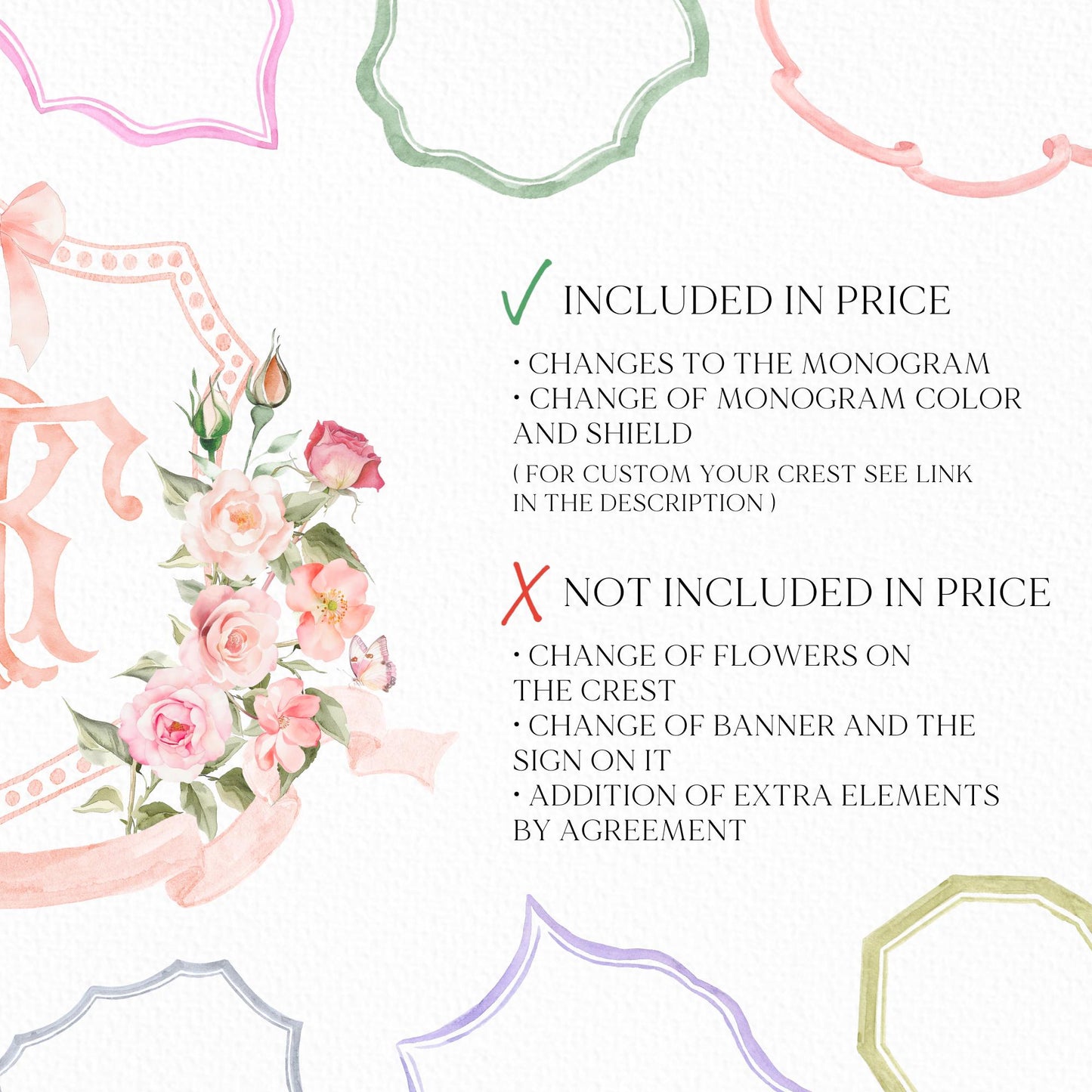 Romantic Blush Rose Peony Eucalyptus Watercolor Flower Wedding Crest - Monogram Crest - Soft Watercolor Flowers Watercolor Wedding Crest
