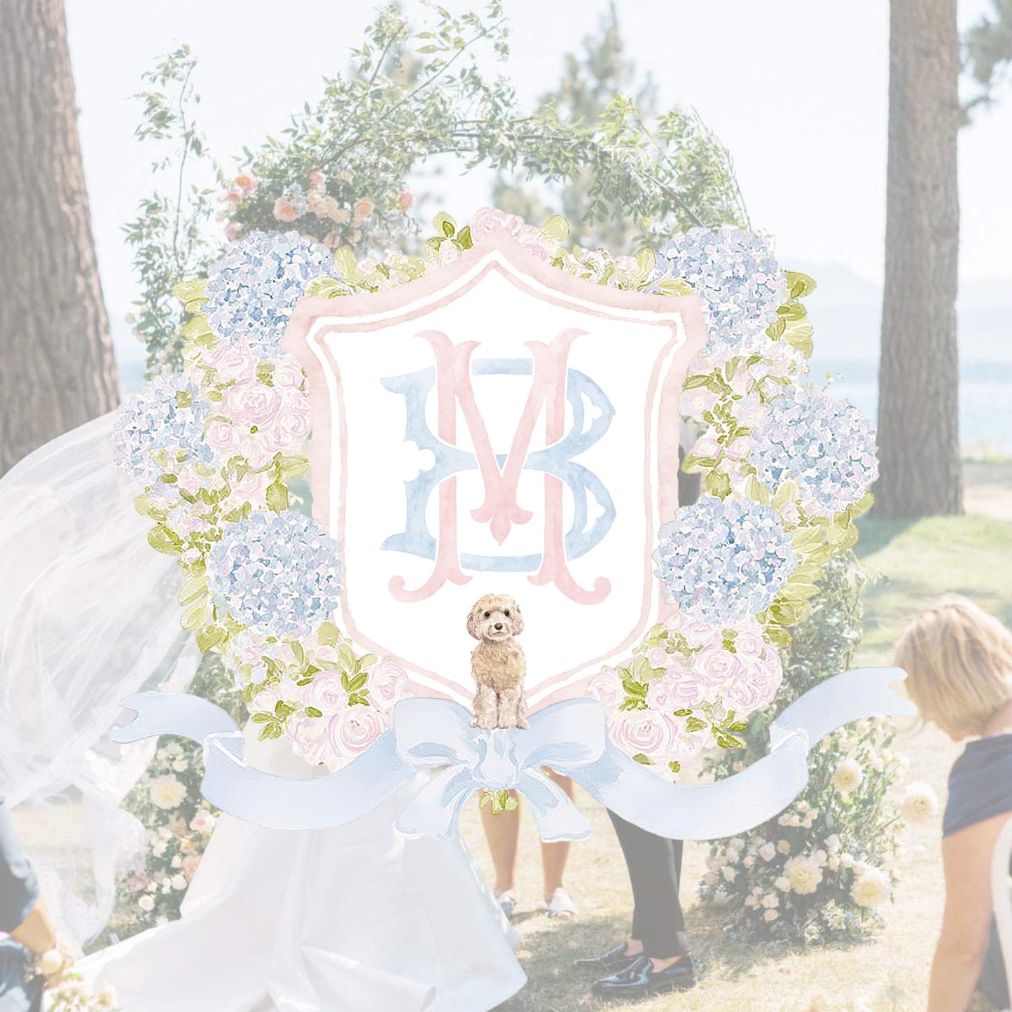 Hydrangea Pink Green Floral Wedding Crest - Monogram Crest - Green Baby's Breath Hydrangea Floral Luxury Watercolor Wedding Crest