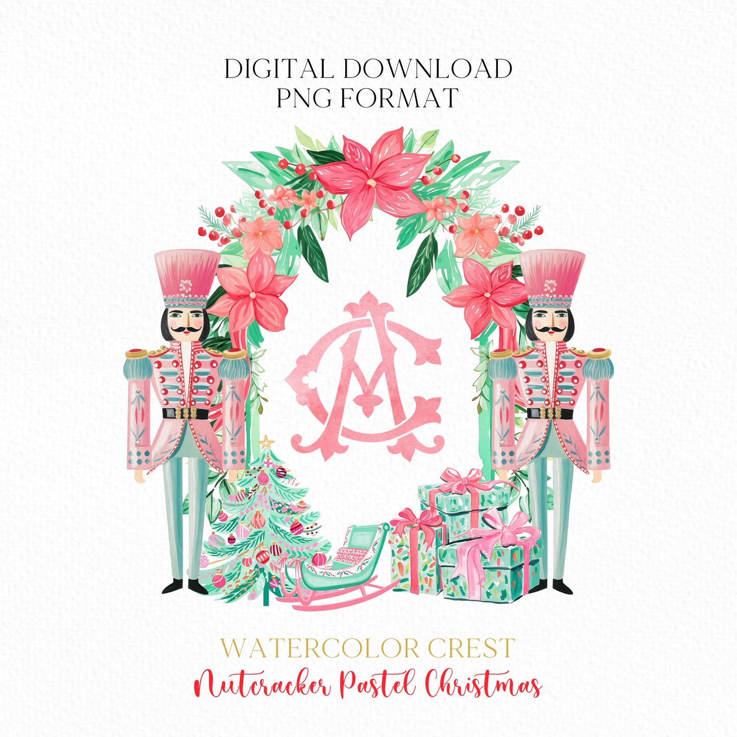 Nutcracker Pastel Christmas Crest - Monogram Crest - Christmas Watercolor Crest DIY - Luxury Watercolor Wedding Crest - Nutcracker Christmas