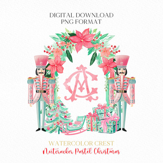 Nutcracker Pastel Christmas Crest - Monogram Crest - Christmas Watercolor Crest DIY - Luxury Watercolor Wedding Crest - Nutcracker Christmas