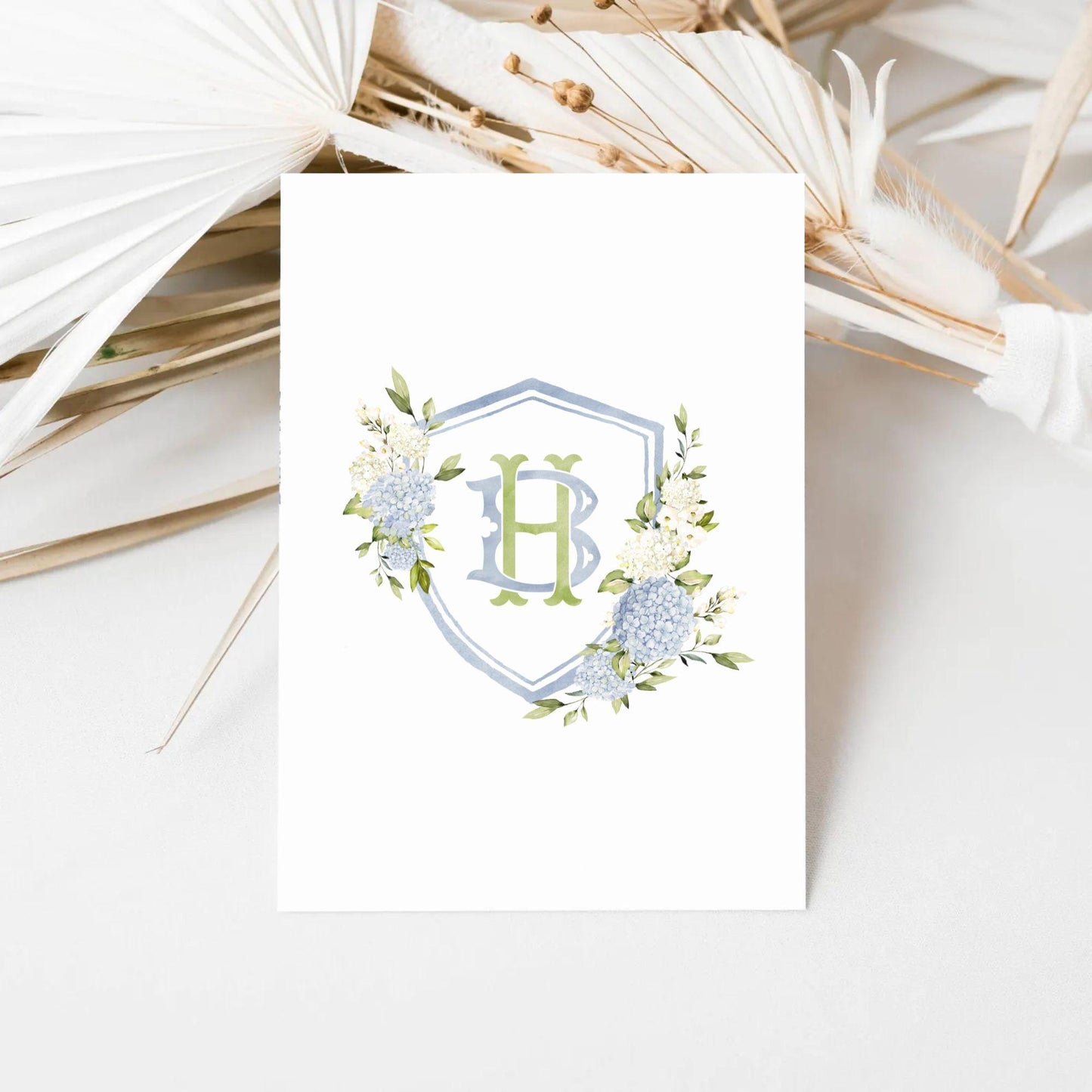 Blue White Hydrangea Flower Wedding Crest - Monogram Crest - Hydrangea Floral Luxury Watercolor Wedding Crest - Romantic Wedding Crest